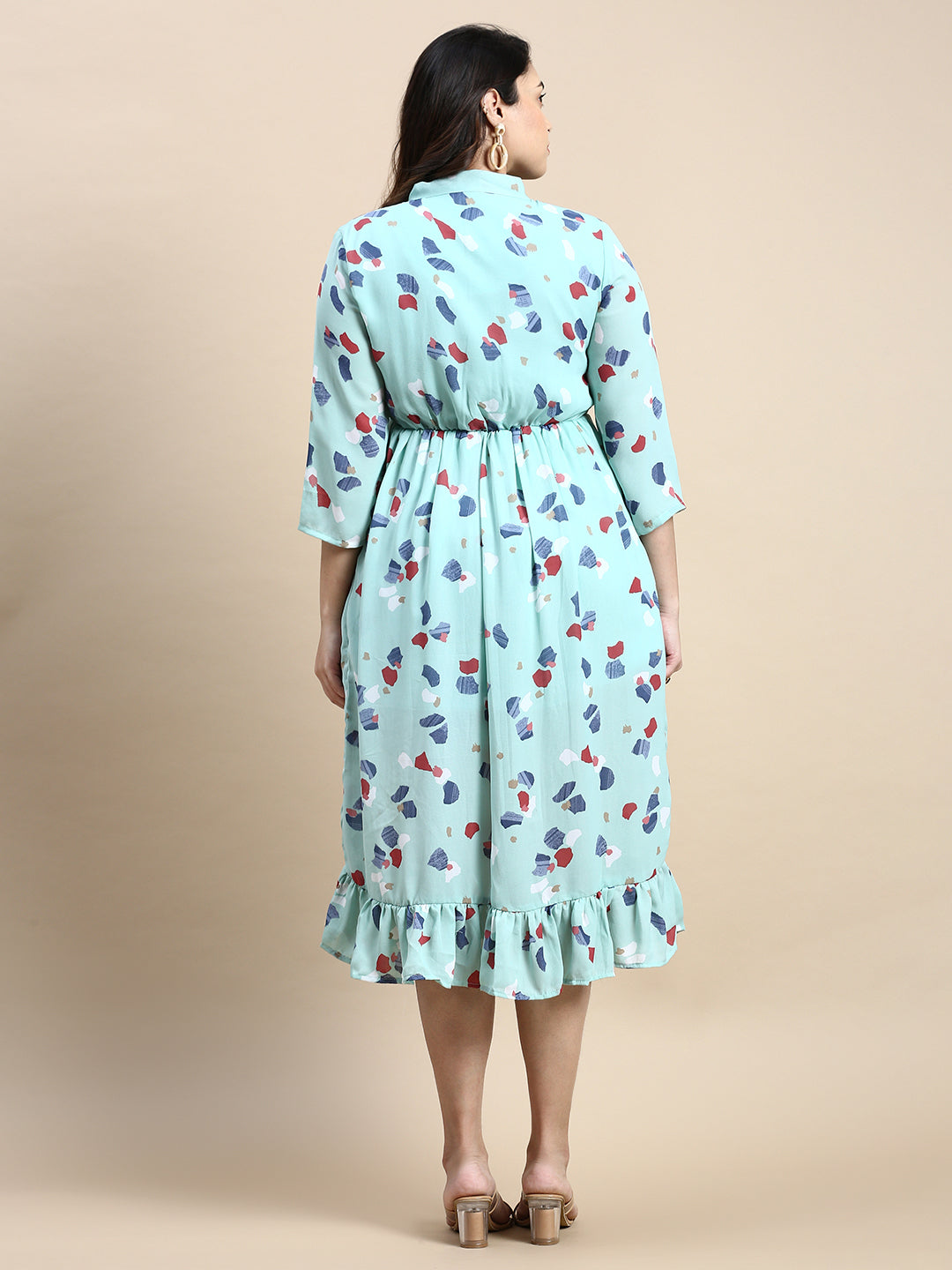 Women's Tie-Up Neck Puff Sea Green Abstract Fit and Flare Dress