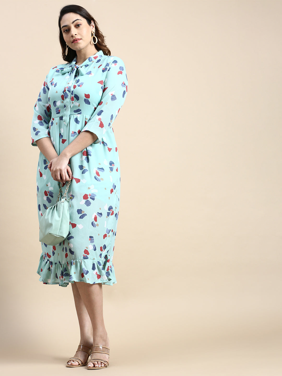 Women's Tie-Up Neck Puff Sea Green Abstract Fit and Flare Dress