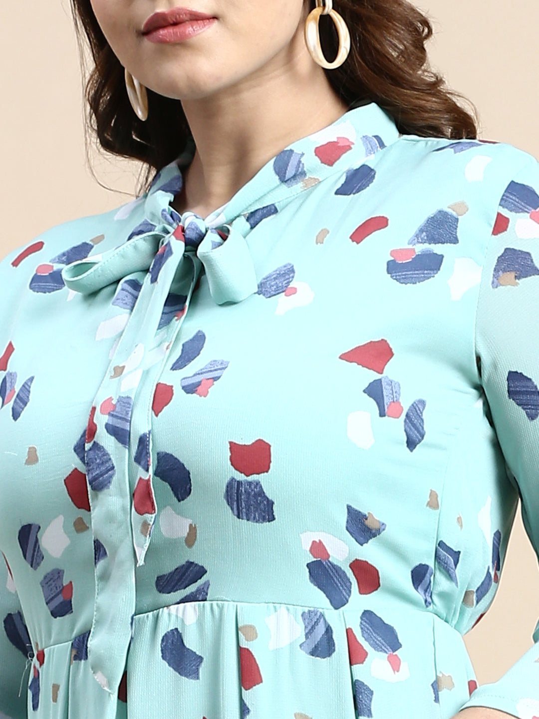 Women's Tie-Up Neck Puff Sea Green Abstract Fit and Flare Dress