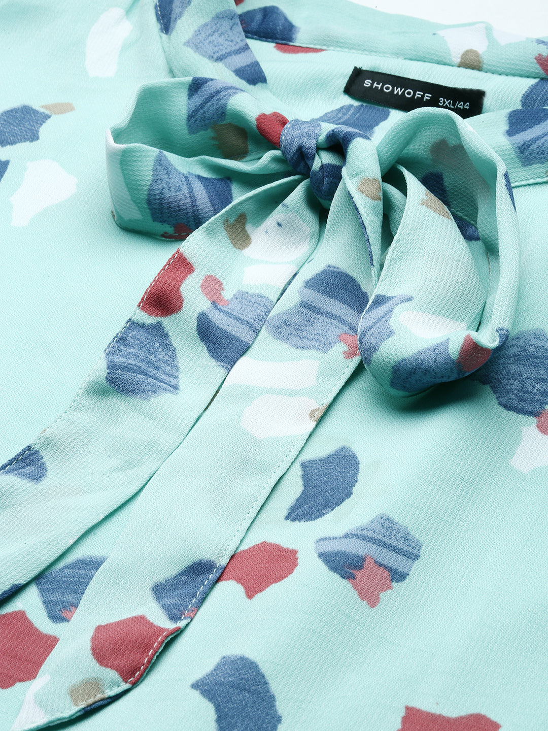 Women's Tie-Up Neck Puff Sea Green Abstract Fit and Flare Dress