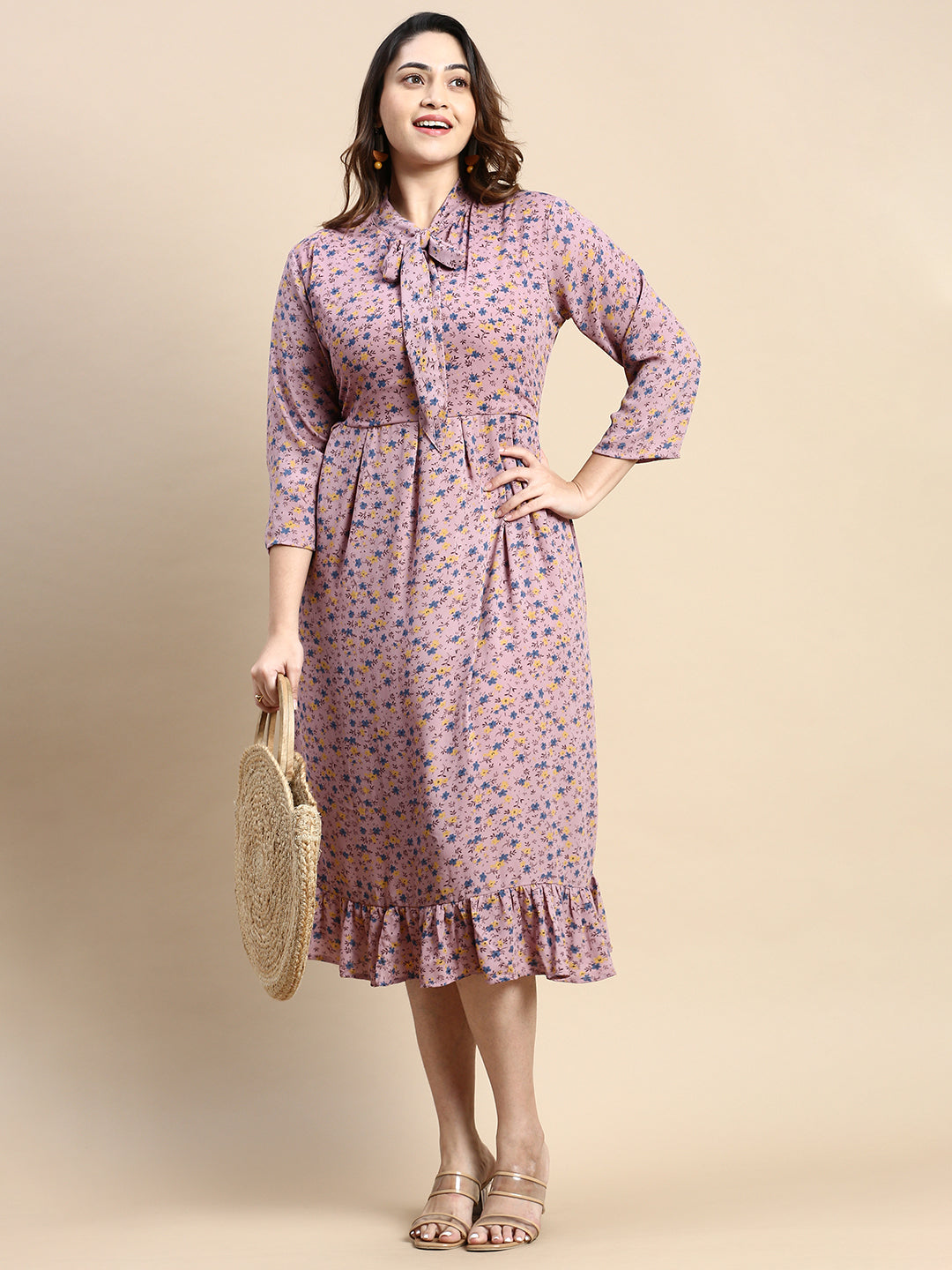 Women Tie-Up Neck Puff Purple Floral Fit and Flare Dress