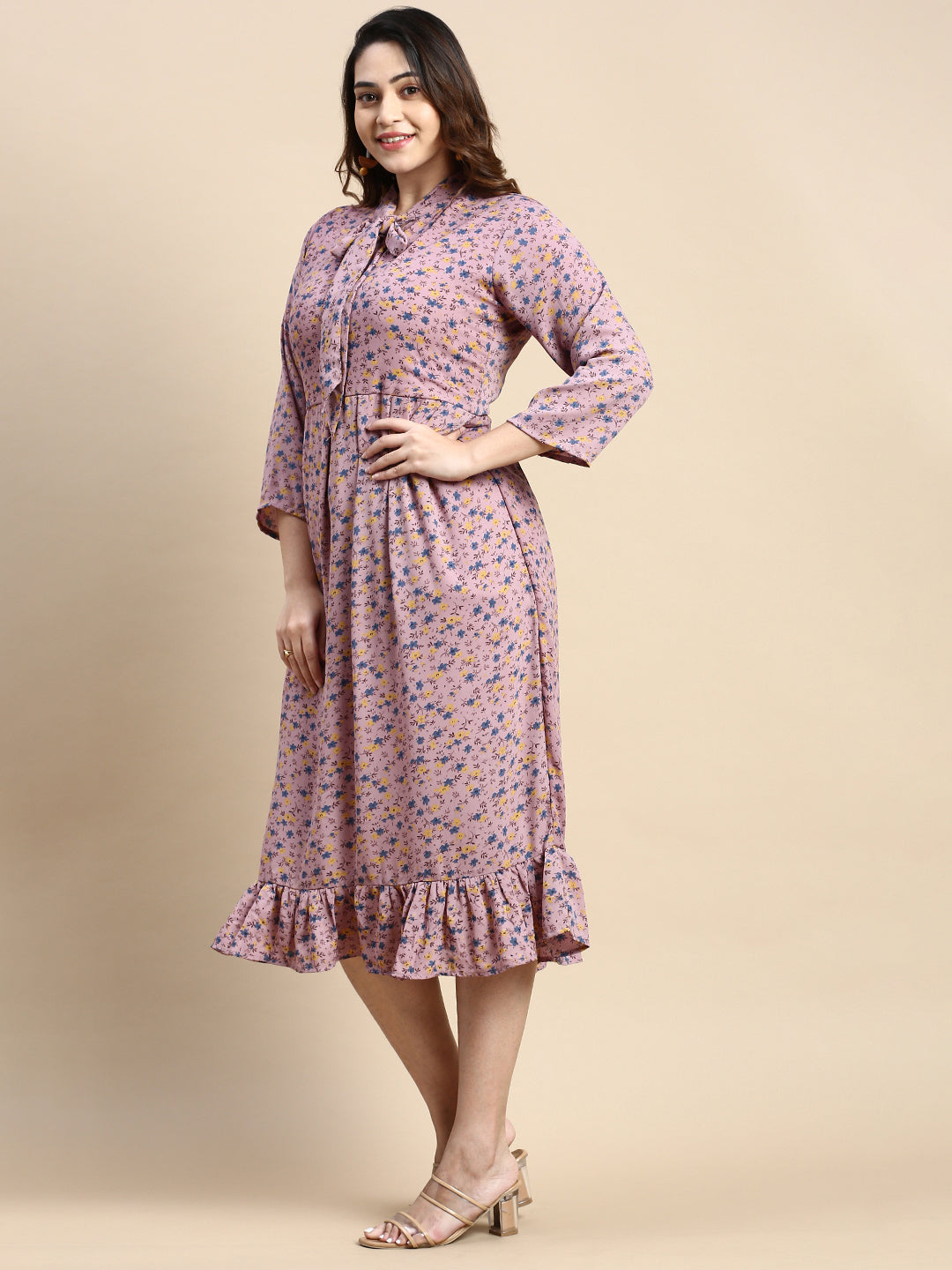 Women Tie-Up Neck Puff Purple Floral Fit and Flare Dress