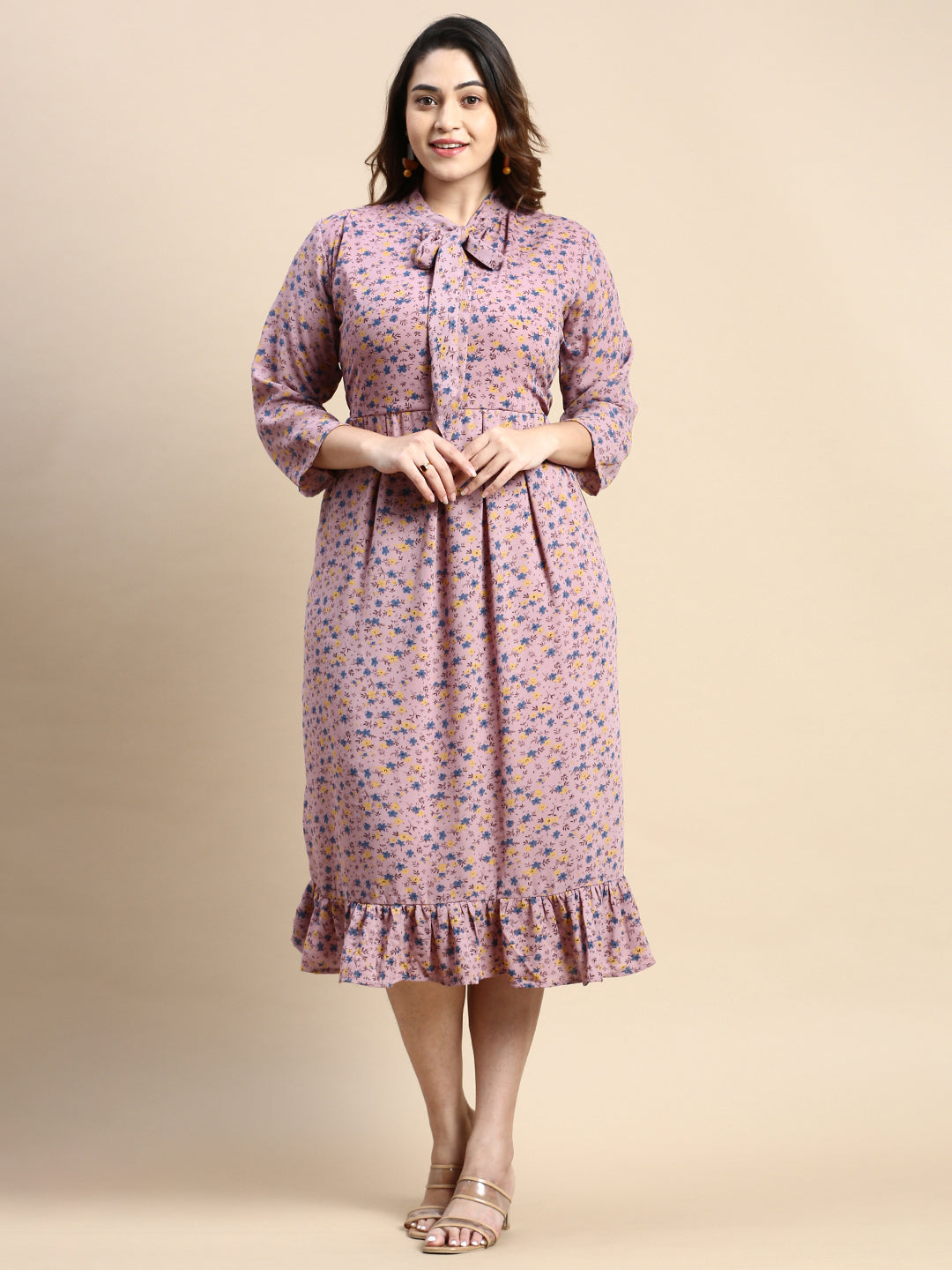 Women Tie-Up Neck Puff Purple Floral Fit and Flare Dress