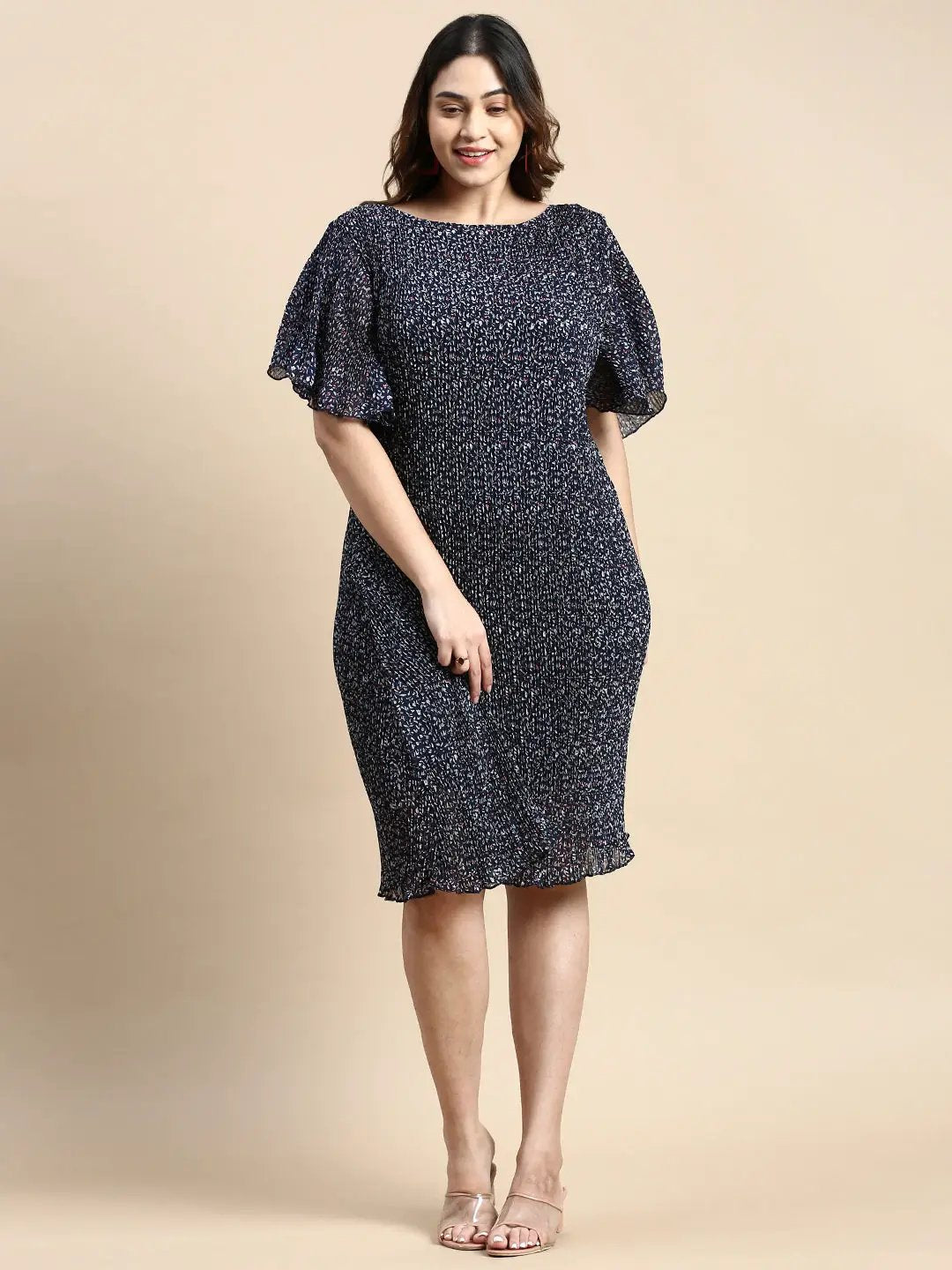 Women's Flared Navy Blue Printed A-Line Dress
