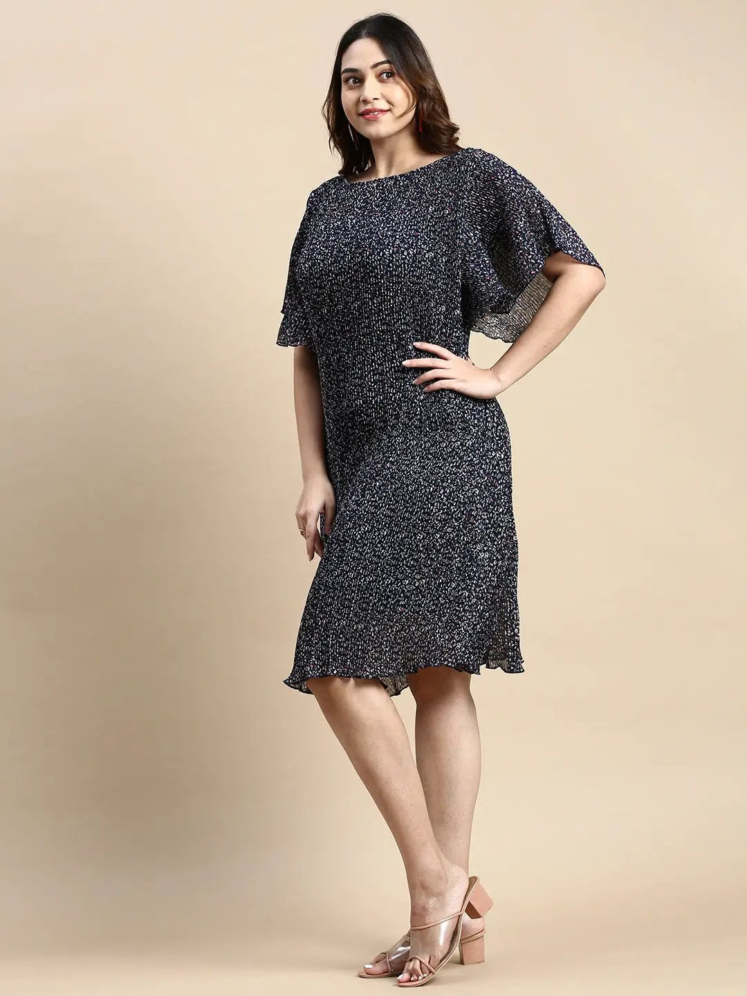 Women's Flared Navy Blue Printed A-Line Dress