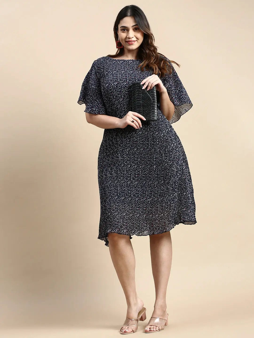 Women's Flared Navy Blue Printed A-Line Dress