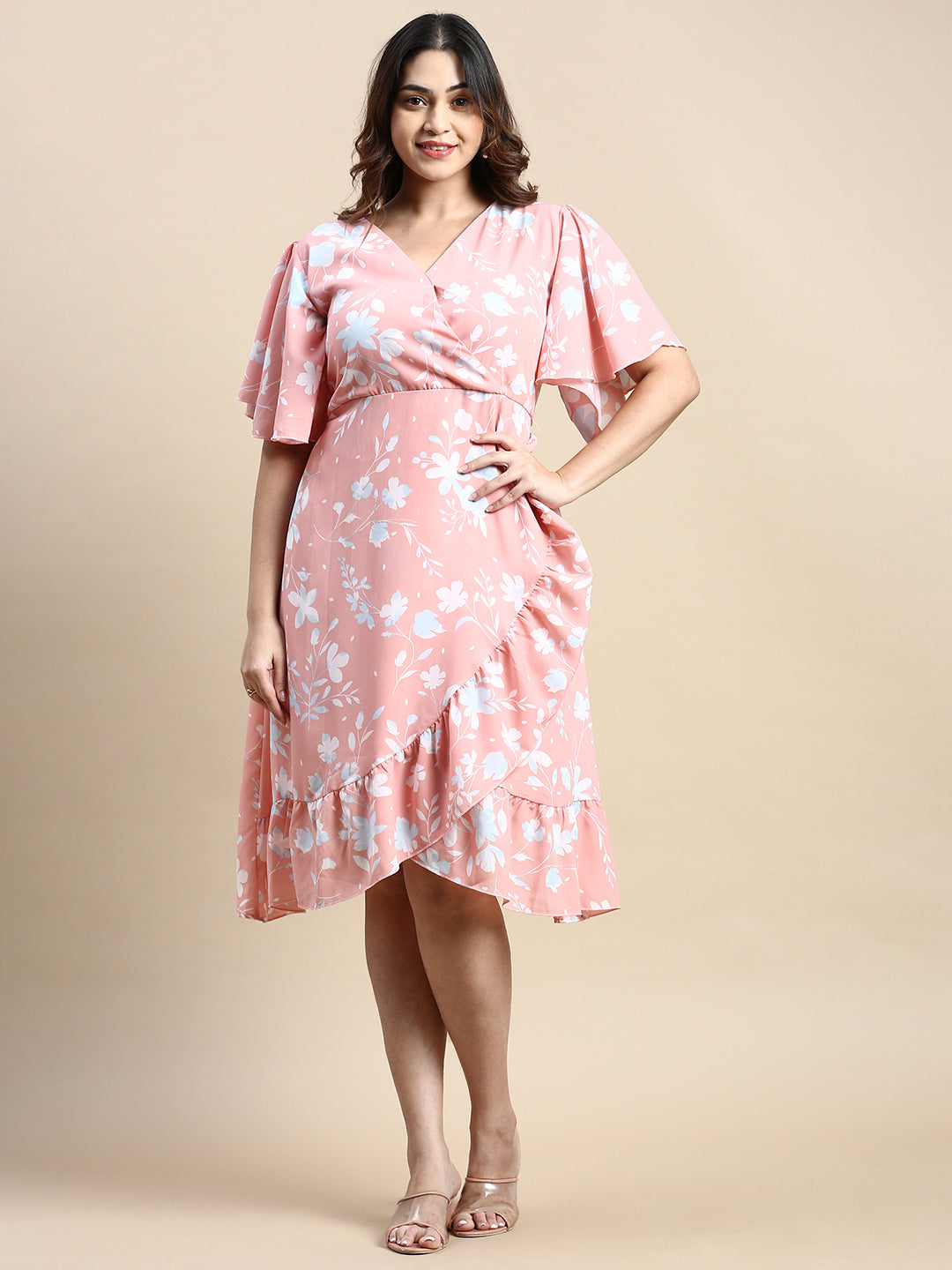 Women Flared Peach Floral Wrap Dress