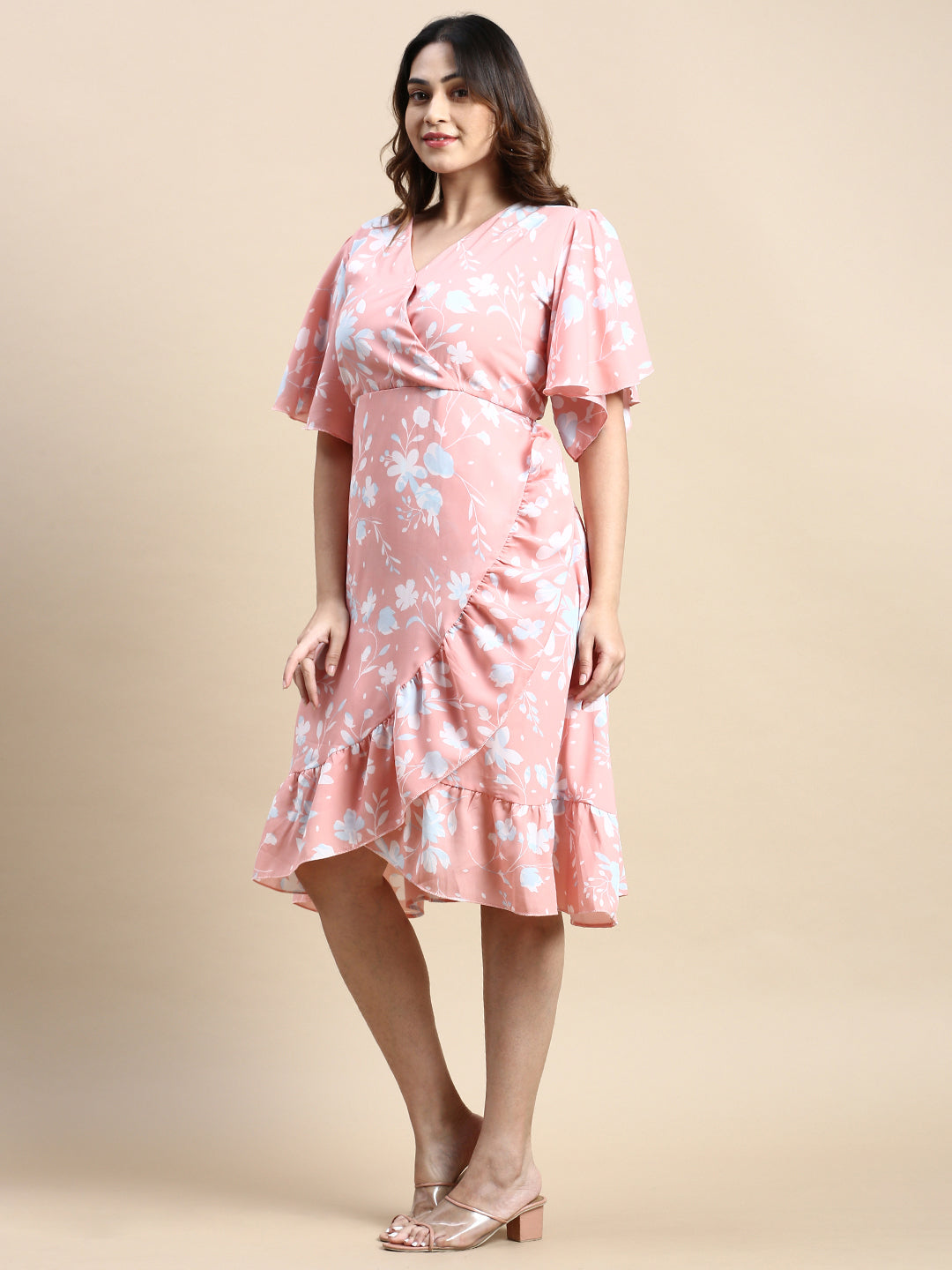 Women Flared Peach Floral Wrap Dress