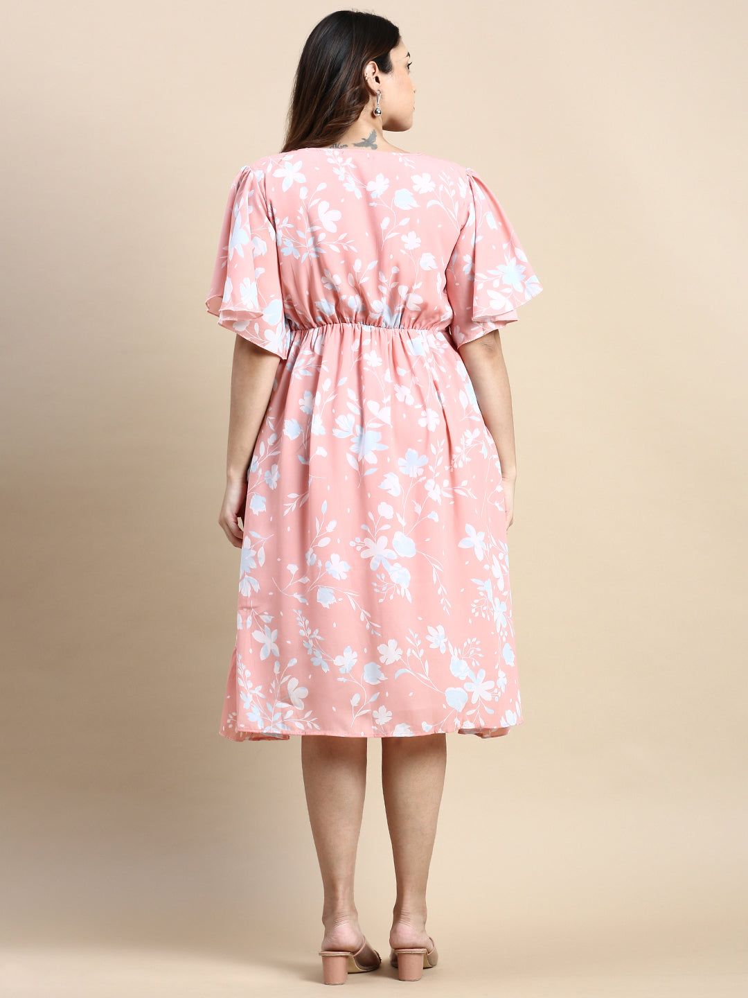 Women Flared Peach Floral Wrap Dress