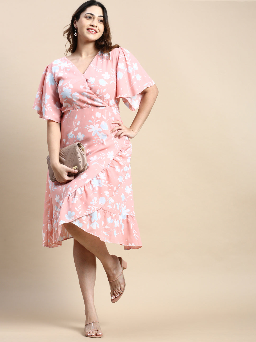 Women Flared Peach Floral Wrap Dress