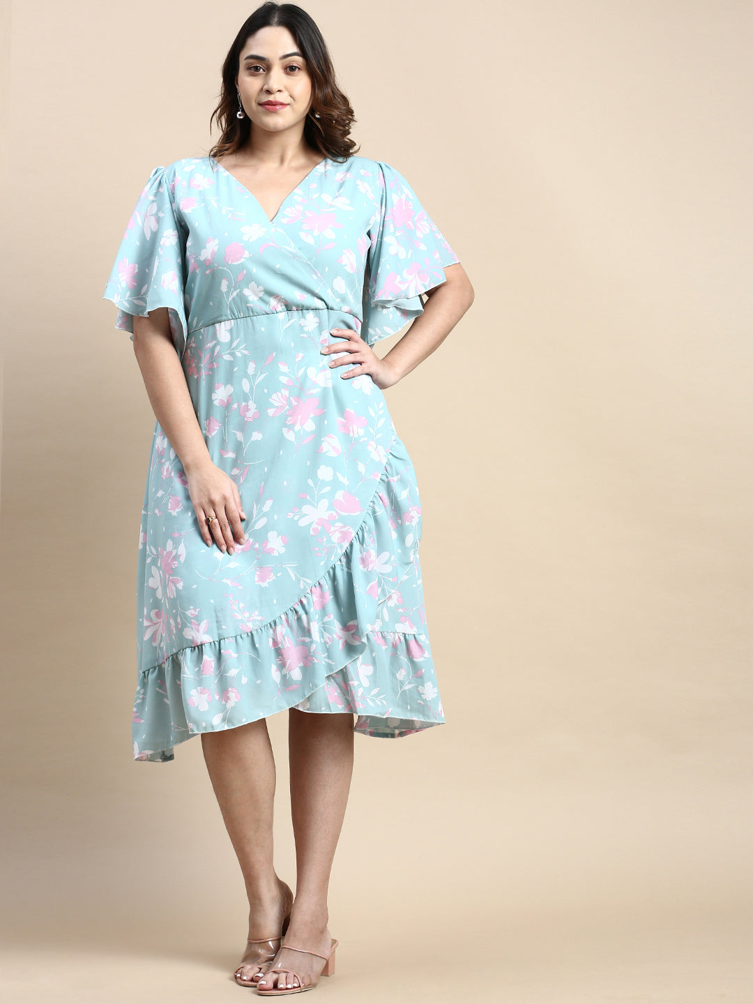 Women Flared Sea Green Floral Wrap Dress