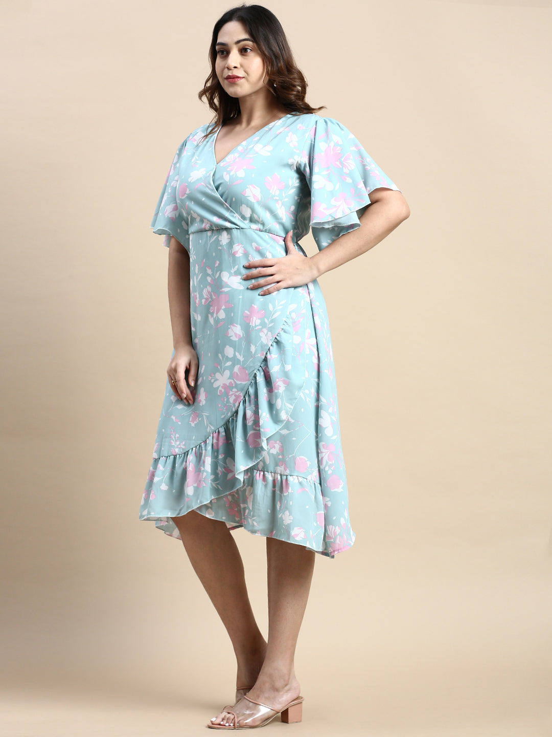 Women Flared Sea Green Floral Wrap Dress