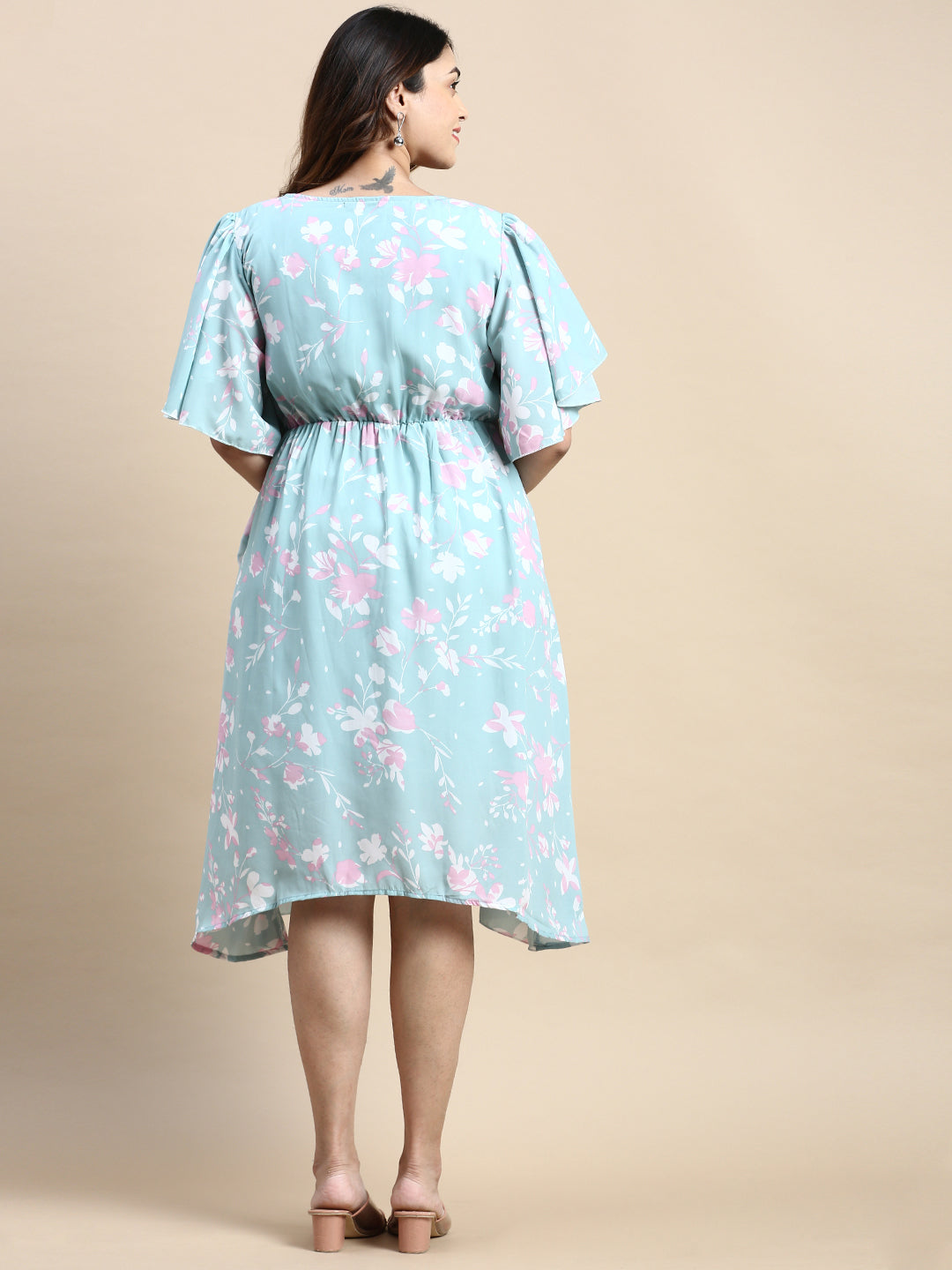 Women Flared Sea Green Floral Wrap Dress