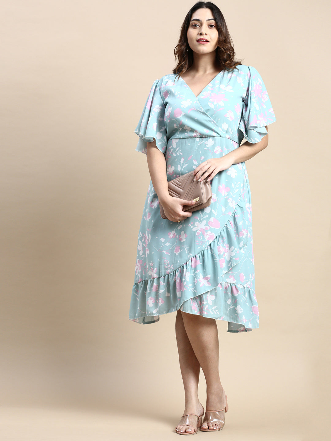 Women Flared Sea Green Floral Wrap Dress