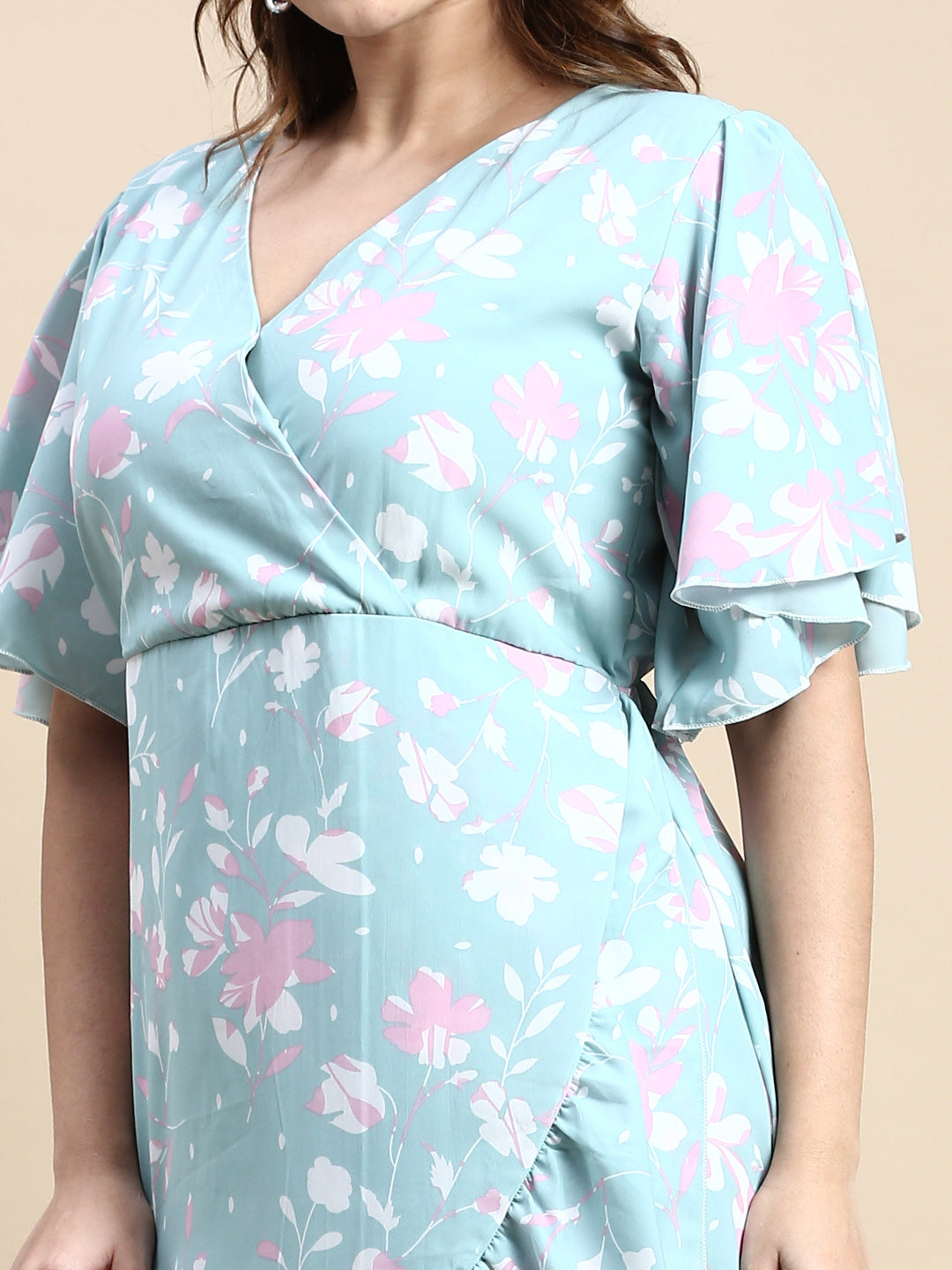 Women Flared Sea Green Floral Wrap Dress