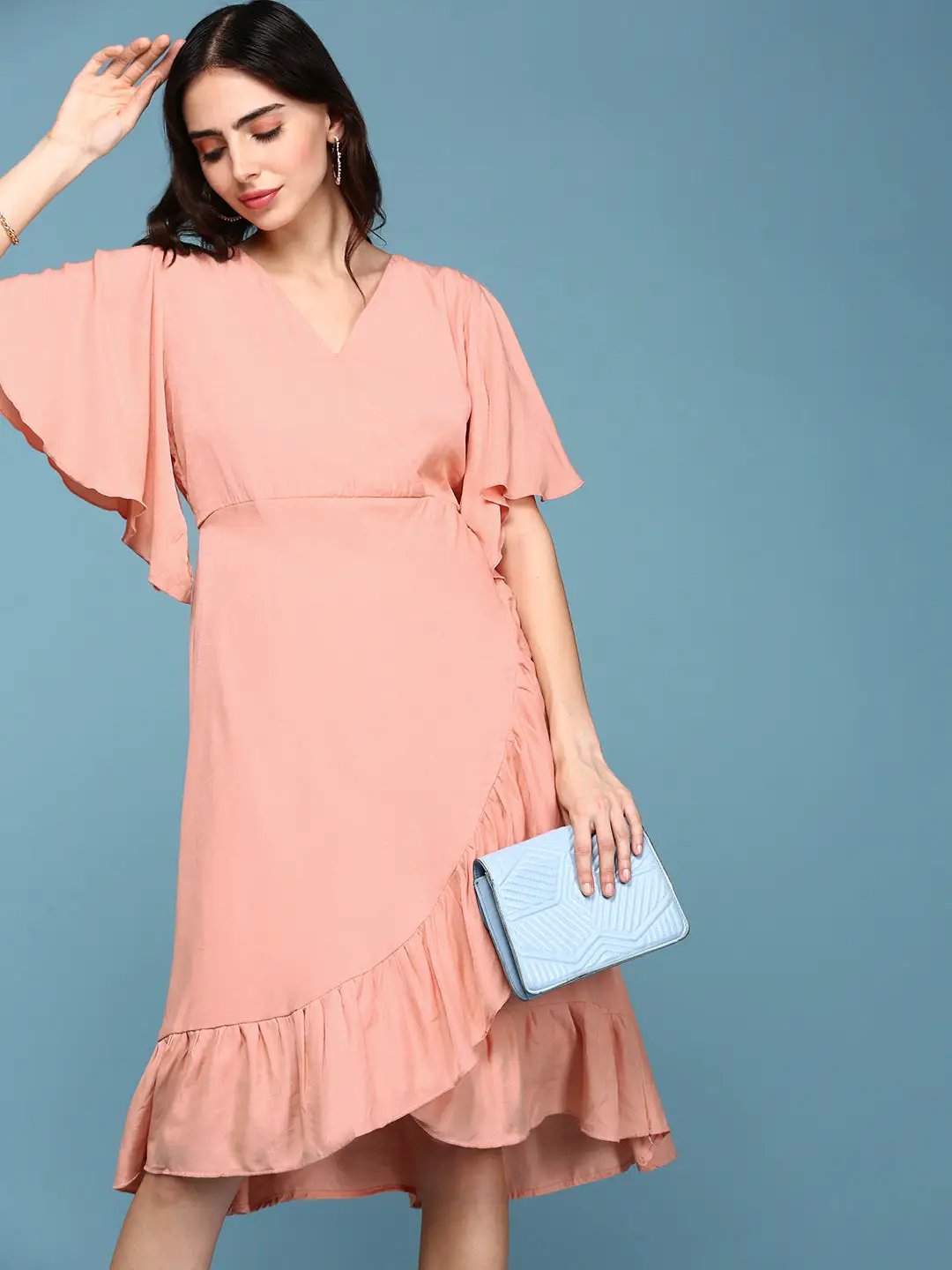 Shop Women's Peach V-Neck A-Line Dress| Showoffff Shop Women's Peach V-Neck A-Line Dress| Showoffff