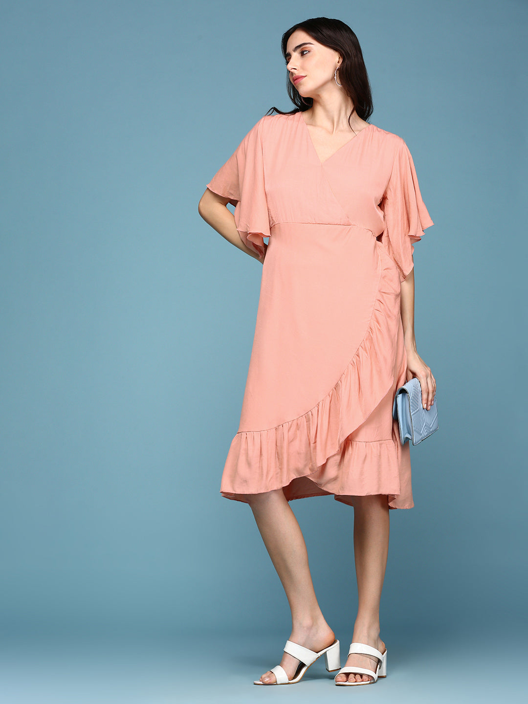 Women's Peach Solid Wrap Dress