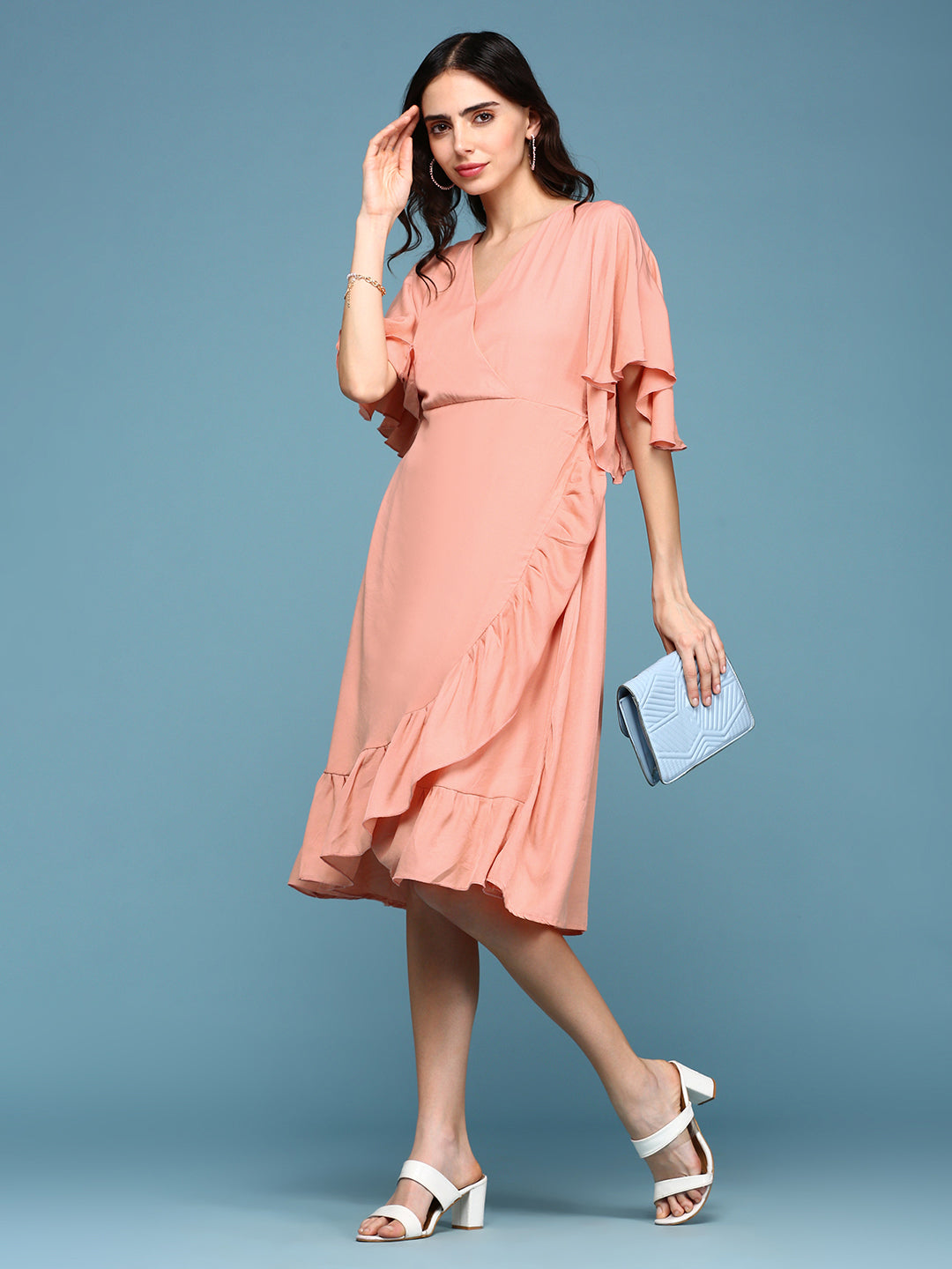 Women's Peach Solid Wrap Dress