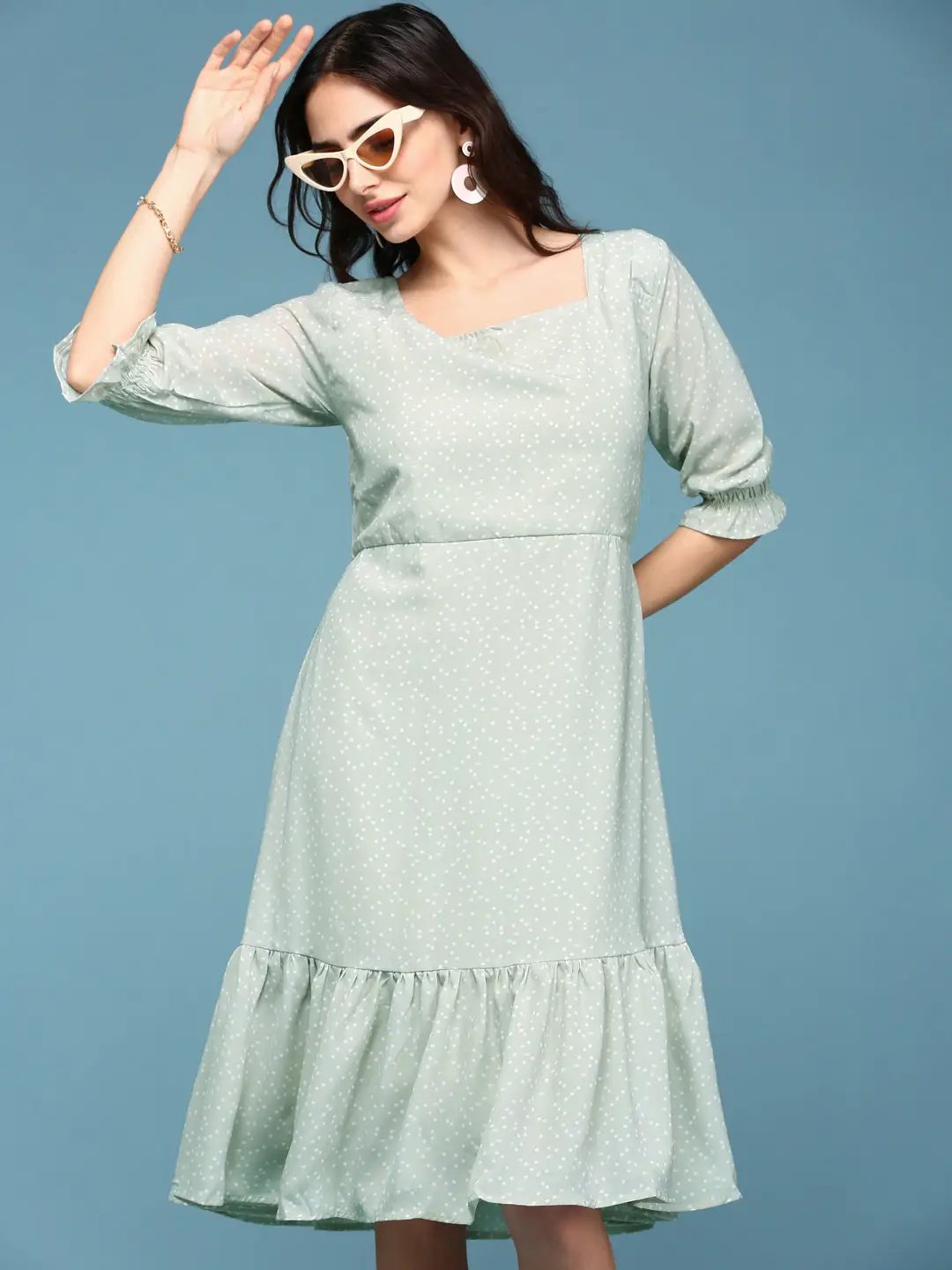 Shop Women's Green Square Neck Fit & Flare Midi Dress| Showoffff Shop Women's Green Square Neck Fit & Flare Midi Dress| Showoffff
