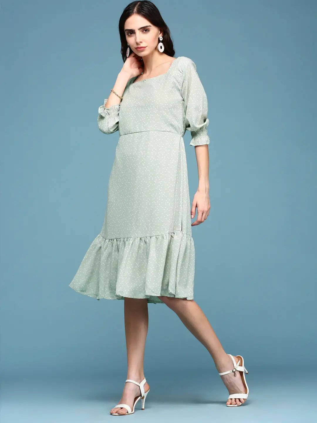 Shop Women's Green Square Neck Fit & Flare Midi Dress| Showoffff Shop Women's Green Square Neck Fit & Flare Midi Dress| Showoffff