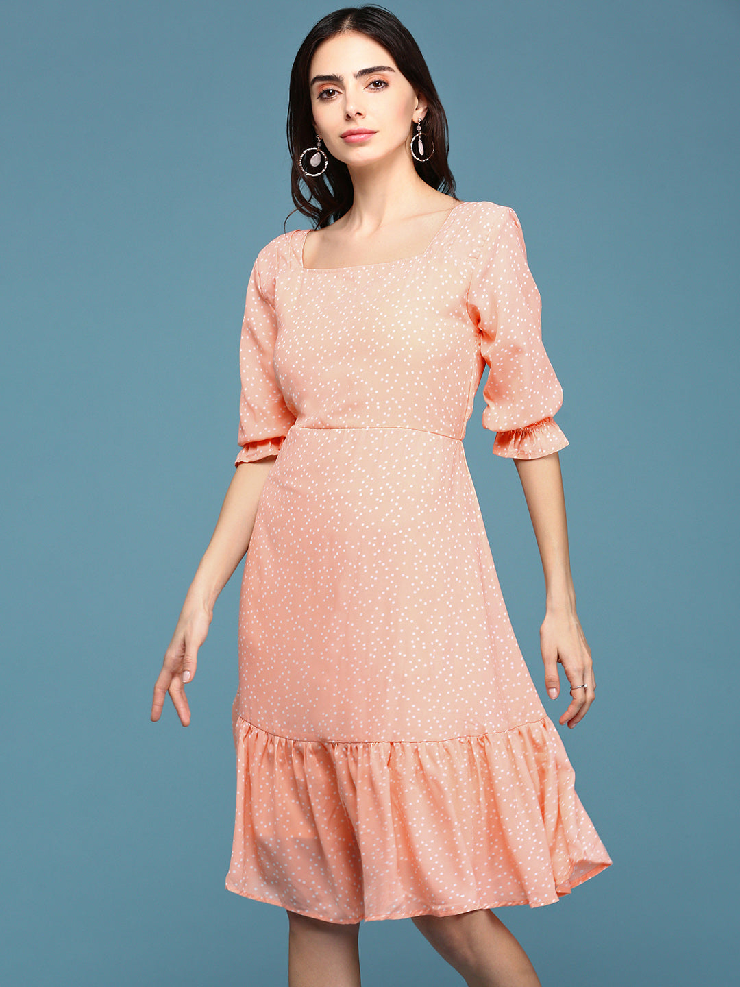 Women's Peach Printed Fit and Flare Dress