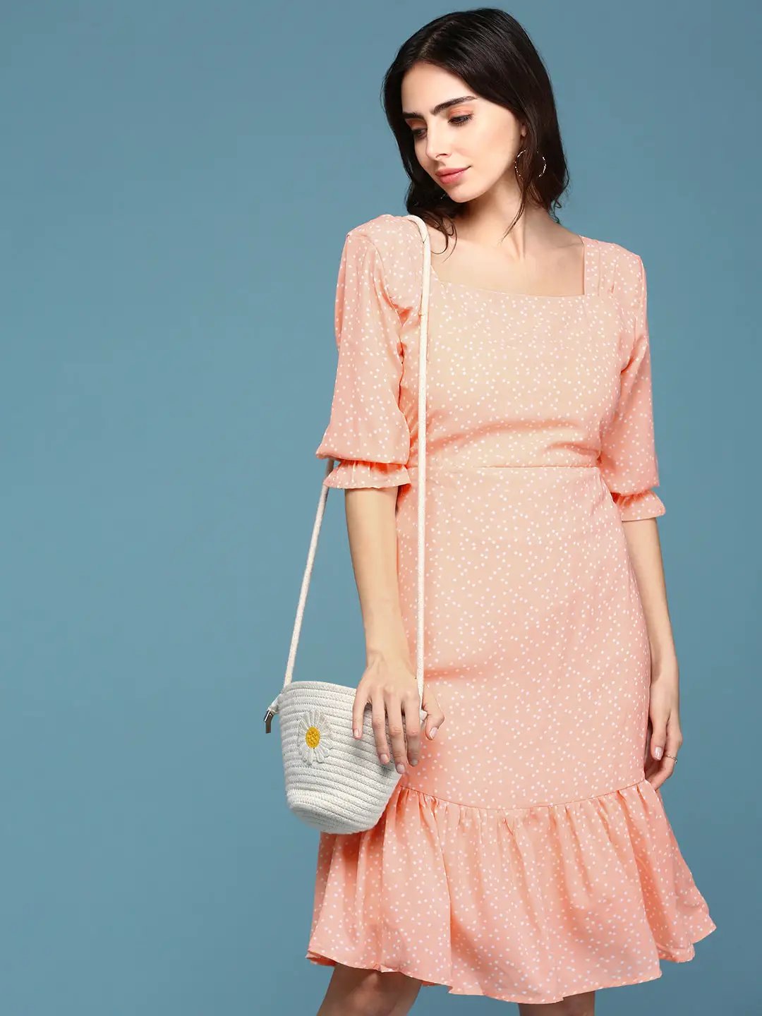 Shop Women's Peach Polka Dots Printed Square Neck Fit & Flare Dress| Showoffff Shop Women's Peach Polka Dots Printed Square Neck Fit & Flare Dress| Showoffff
