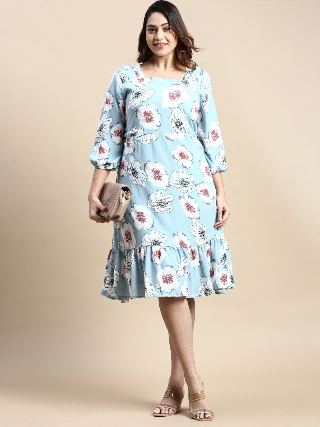 Women Puff Blue Floral Fit and Flare Dress