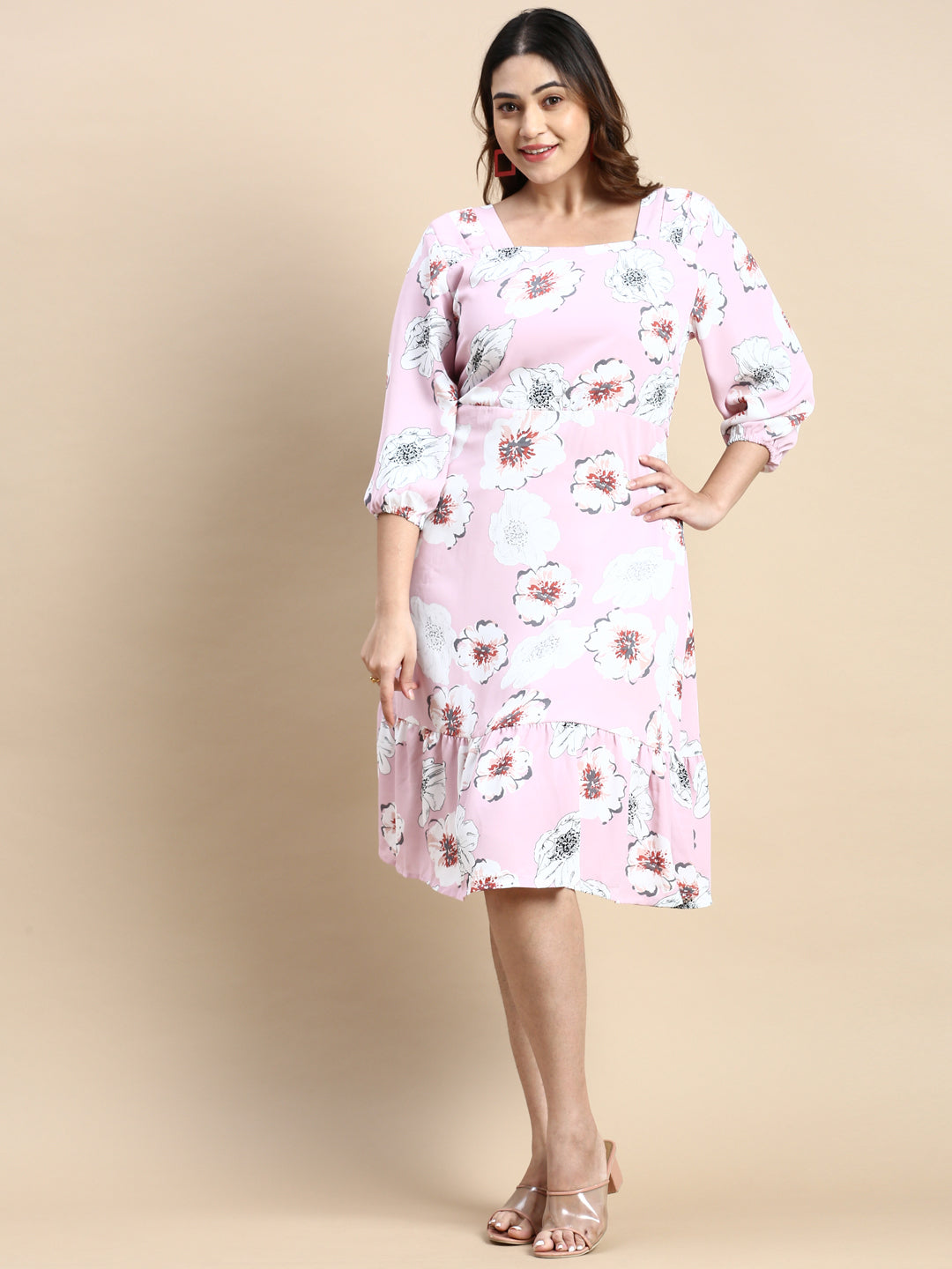 Women Puff Pink Floral Fit and Flare Dress