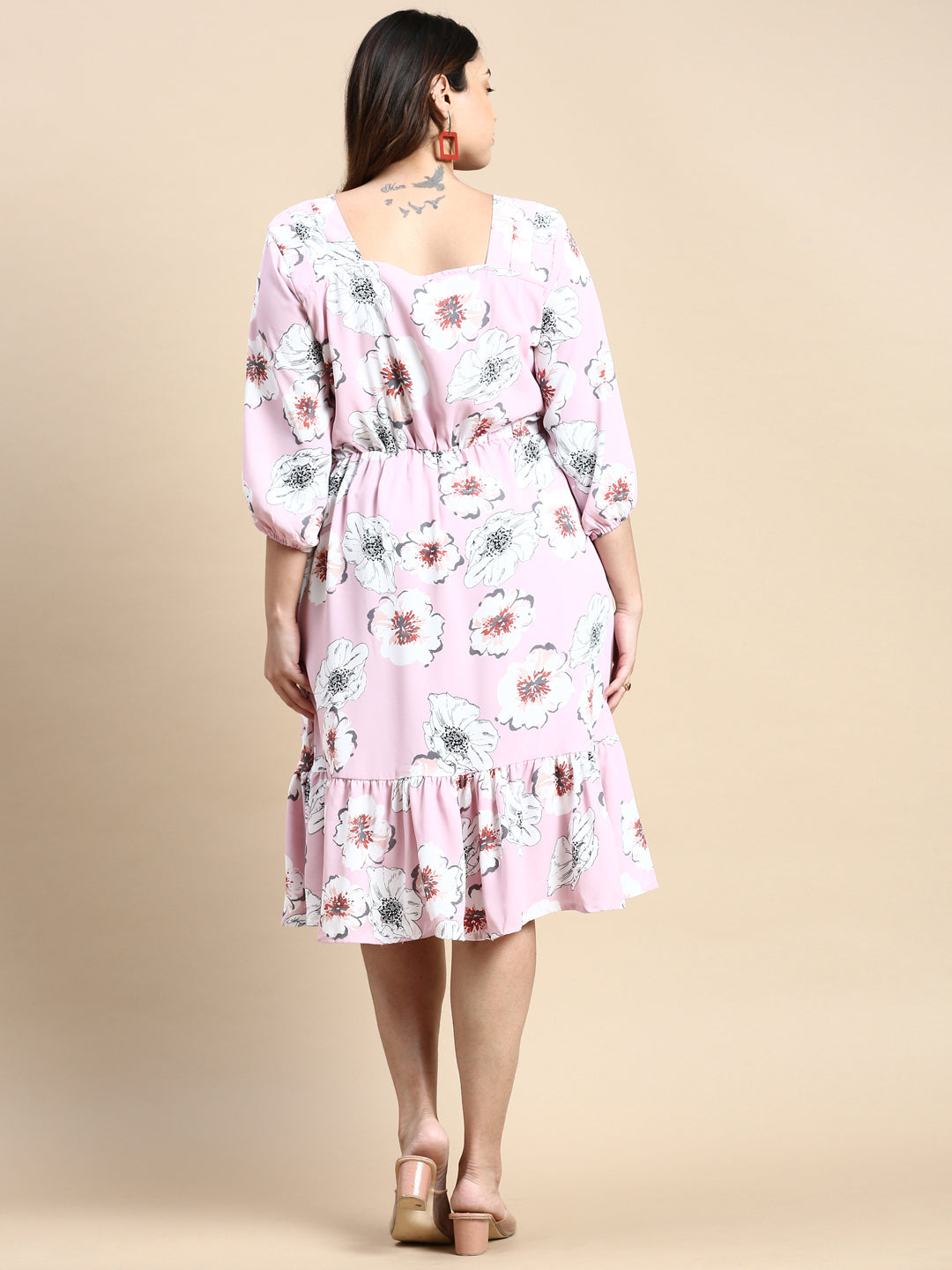 Women Puff Pink Floral Fit and Flare Dress