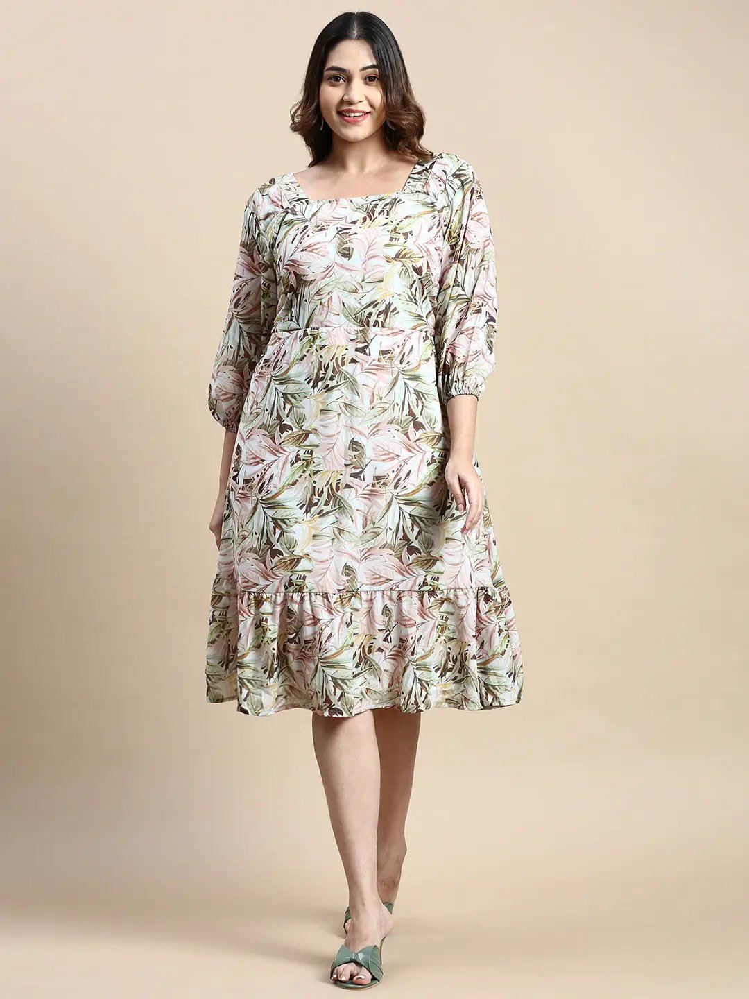 Shop Women's Puff Green Tropical Fit and Flare Dress| Showoffff Shop Women's Puff Green Tropical Fit and Flare Dress| Showoffff