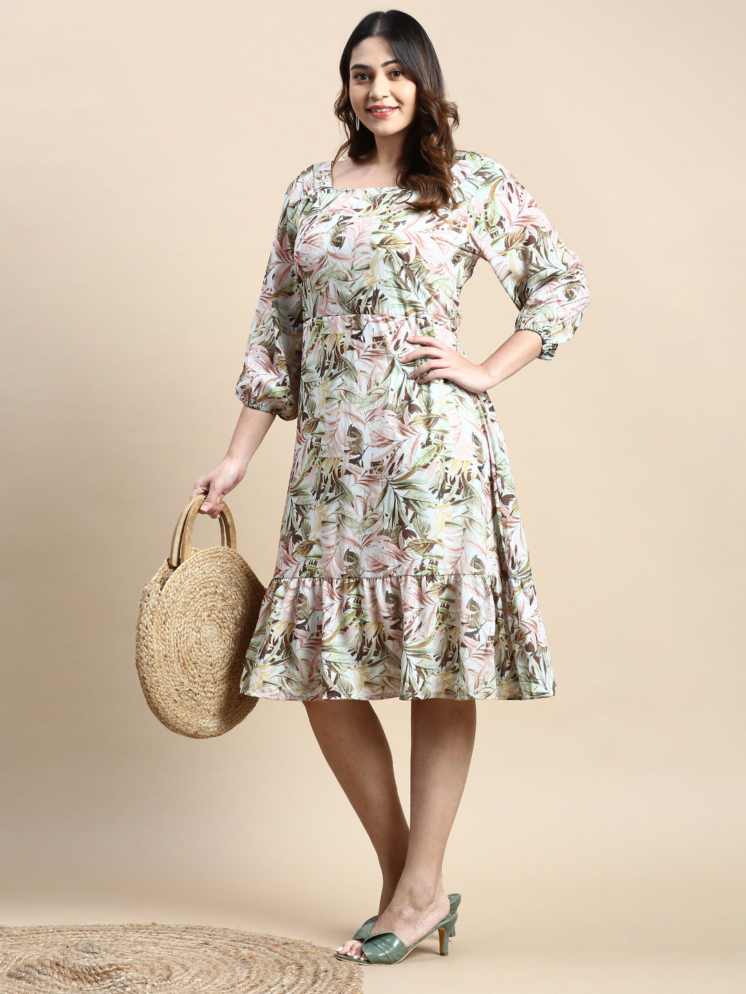 Women Puff Green Tropical Fit and Flare Dress