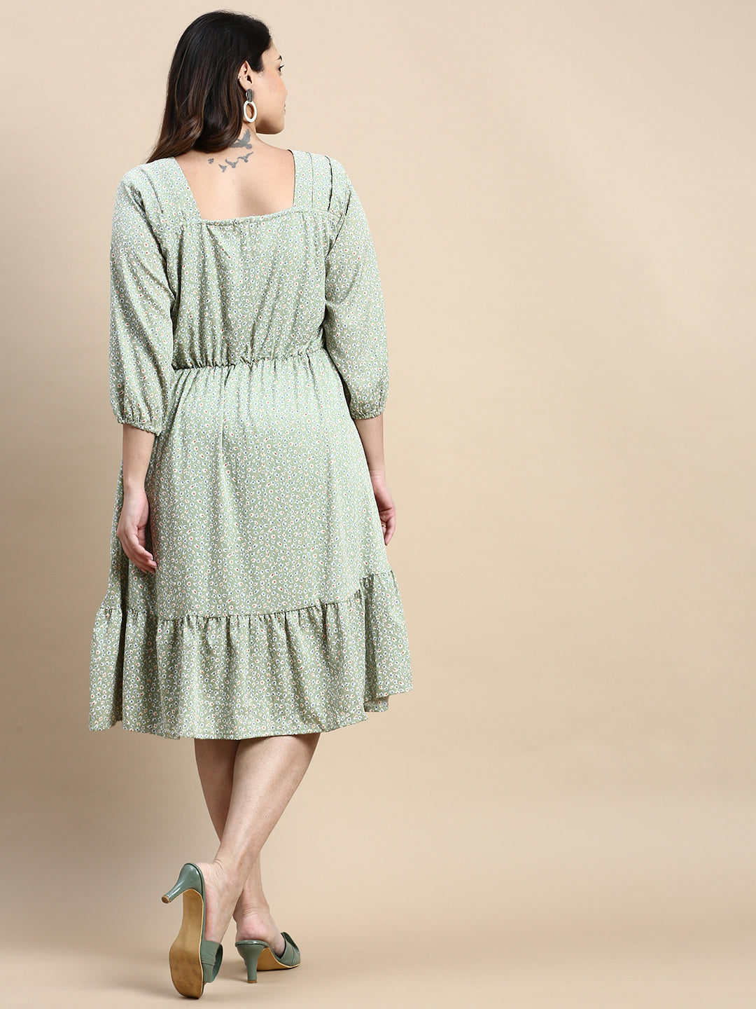 Women Puff Green Floral Fit and Flare Dress