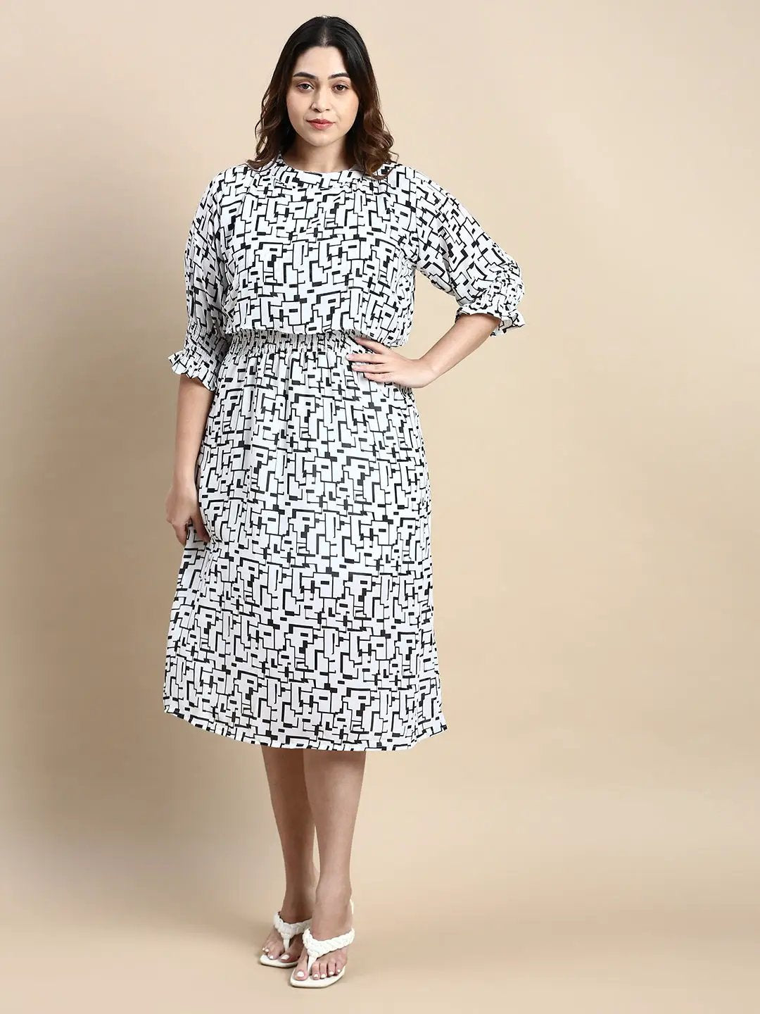Women's Puff White Geometric Fit and Flare Dress
