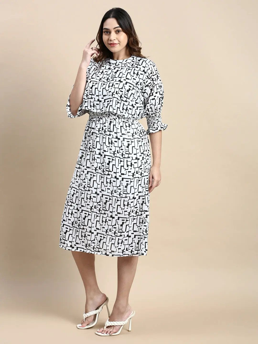 Women's Puff White Geometric Fit and Flare Dress