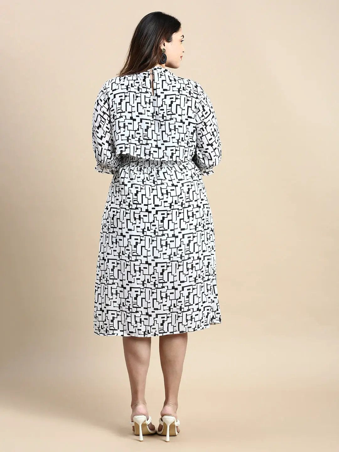Women's Puff White Geometric Fit and Flare Dress