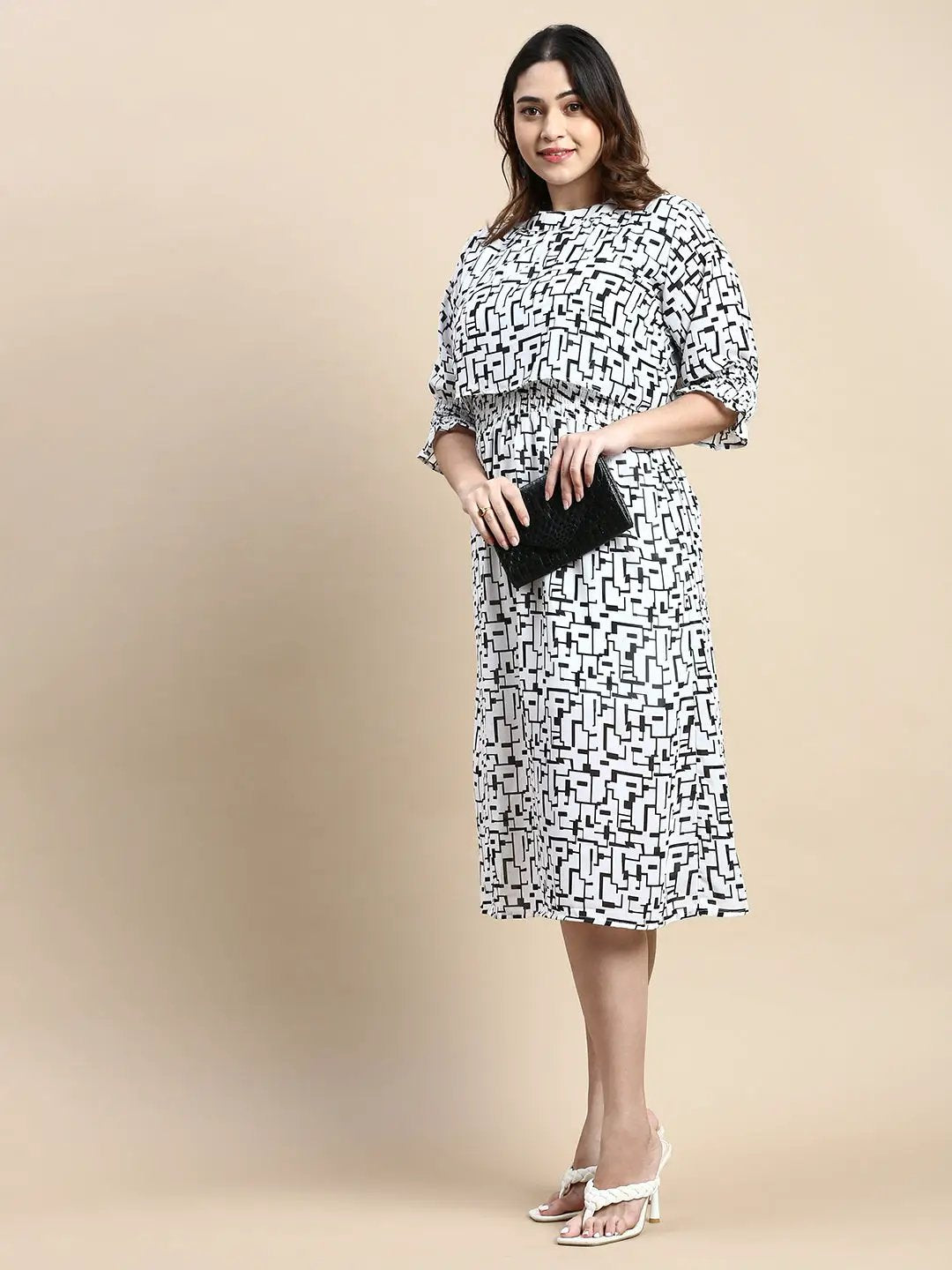 Women's Puff White Geometric Fit and Flare Dress
