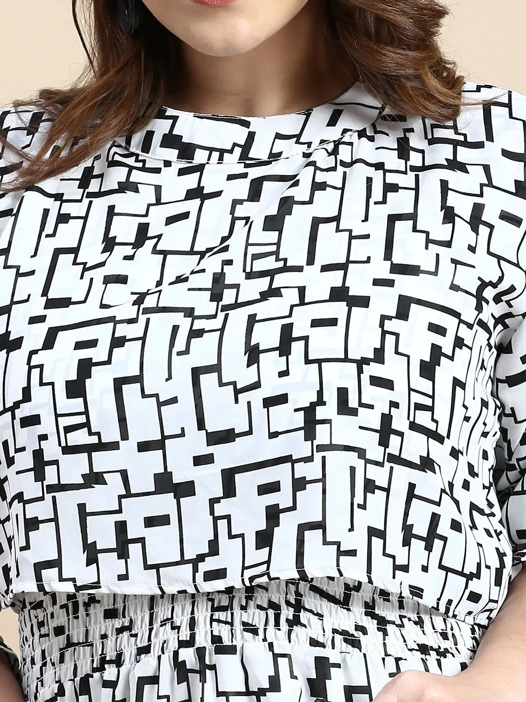 Women's Puff White Geometric Fit and Flare Dress