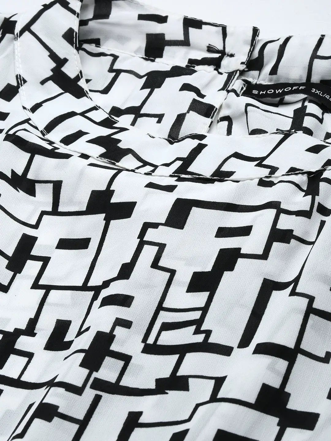 Women's Puff White Geometric Fit and Flare Dress