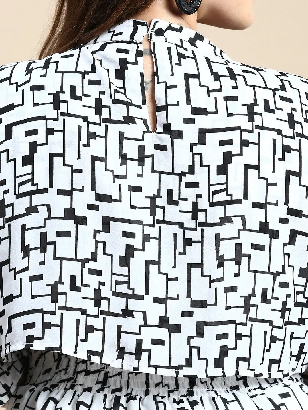 Women's Puff White Geometric Fit and Flare Dress