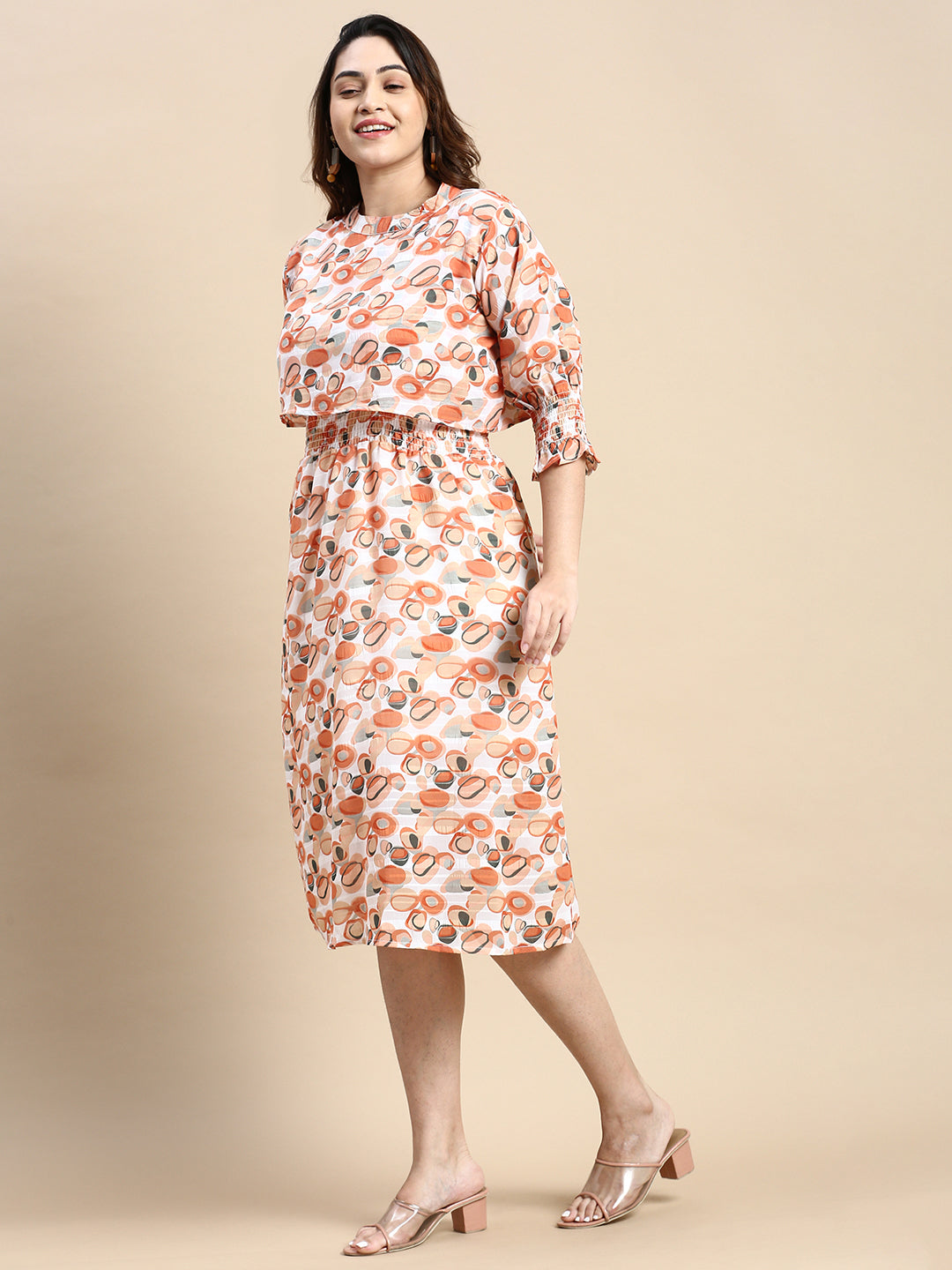 Women Puff Rust Geometric Fit and Flare Dress