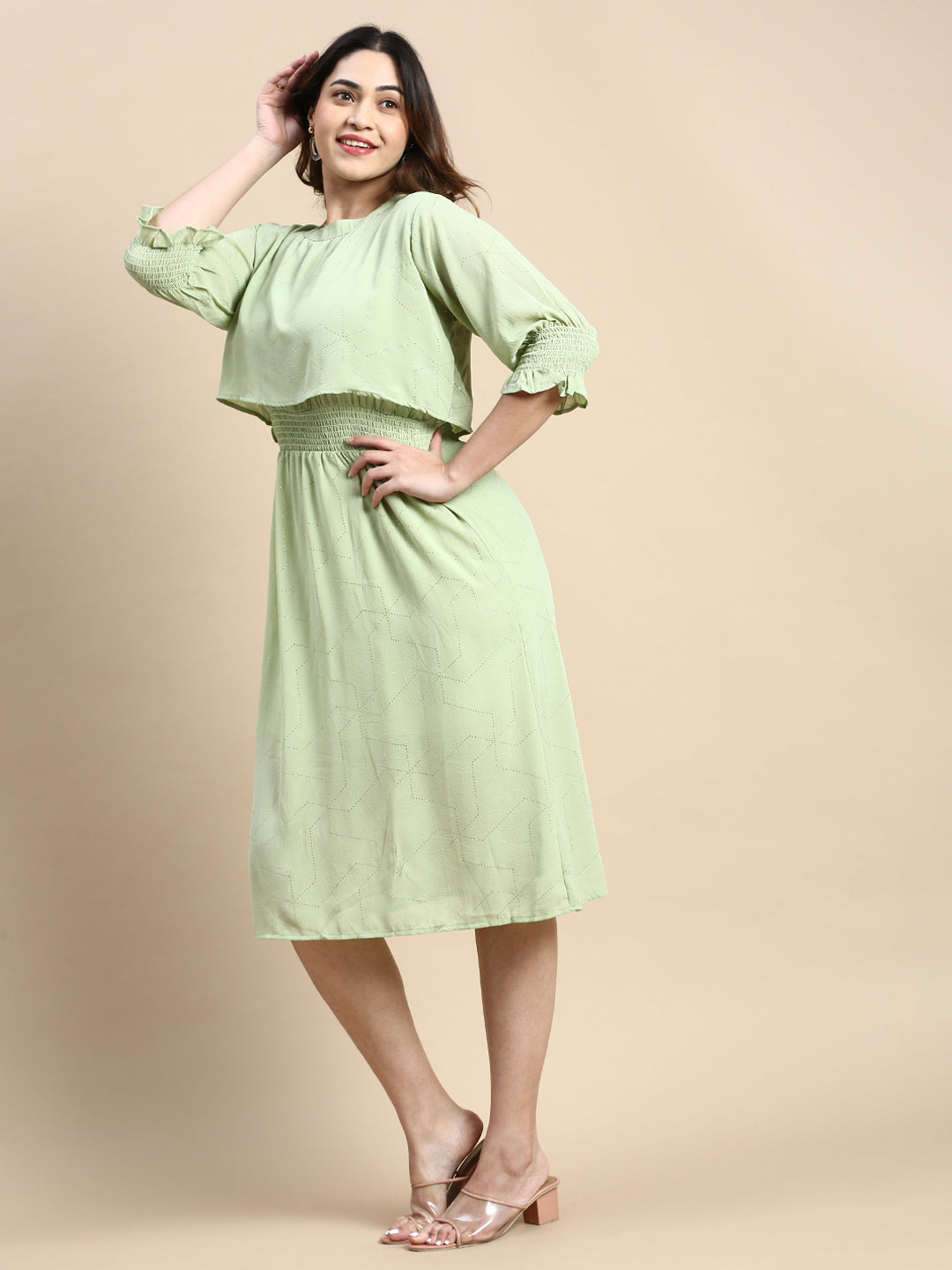 Women Puff Green Embellished Fit and Flare Dress