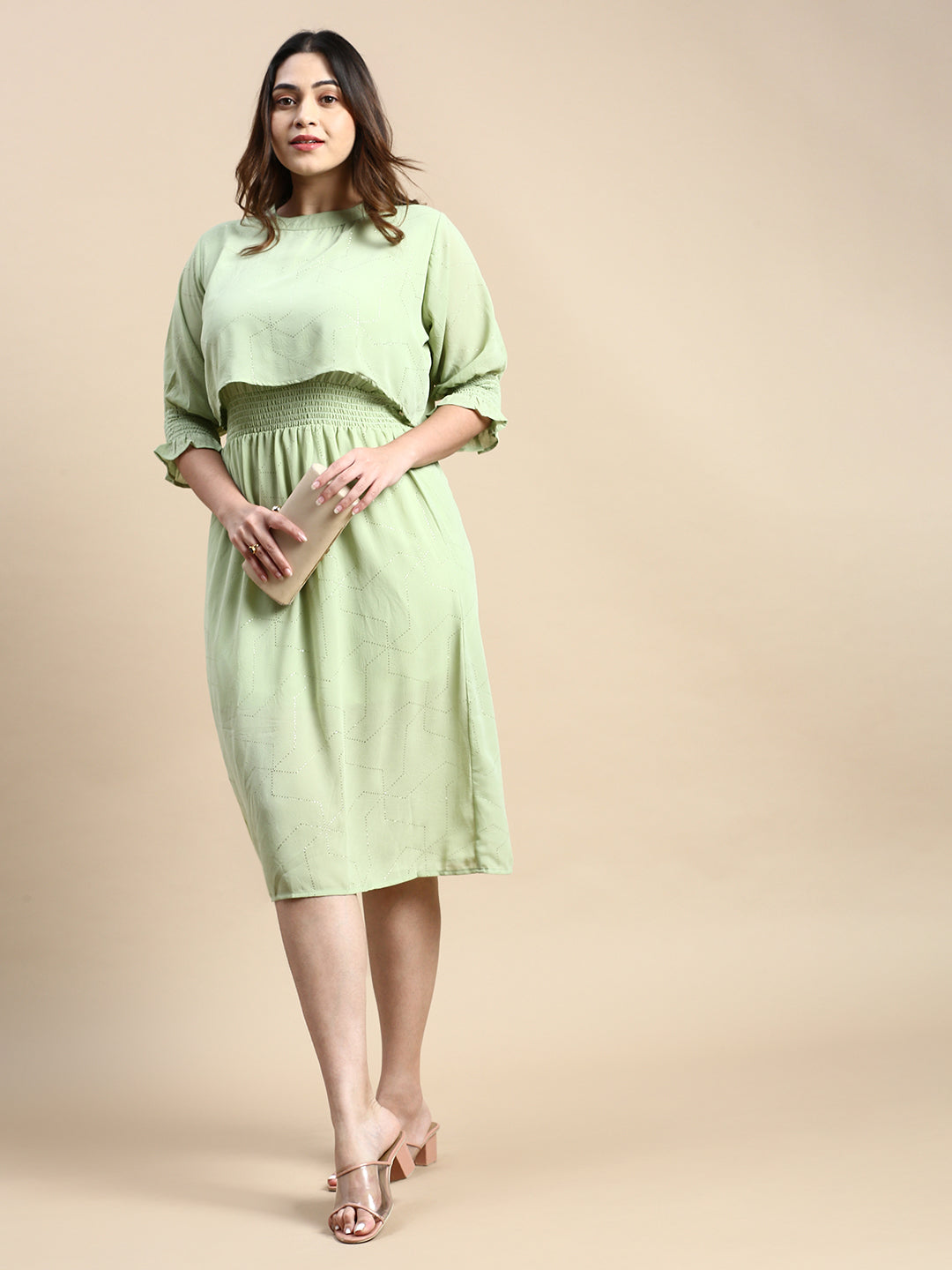 Women Puff Green Embellished Fit and Flare Dress