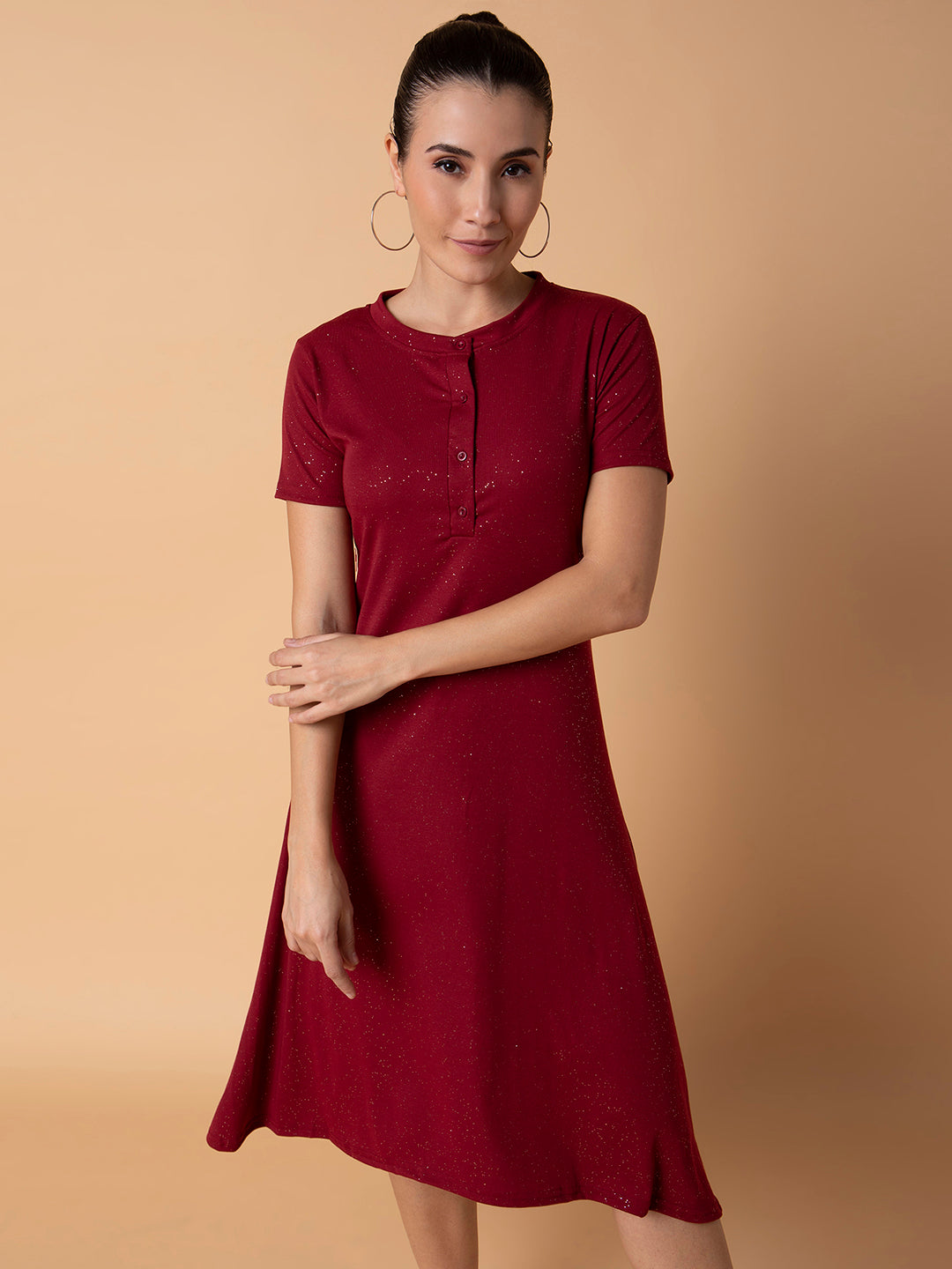 Women Solid Maroon Midi A-Line Dress