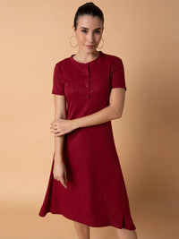 Women's Maroon Solid A-Line Midi Dress