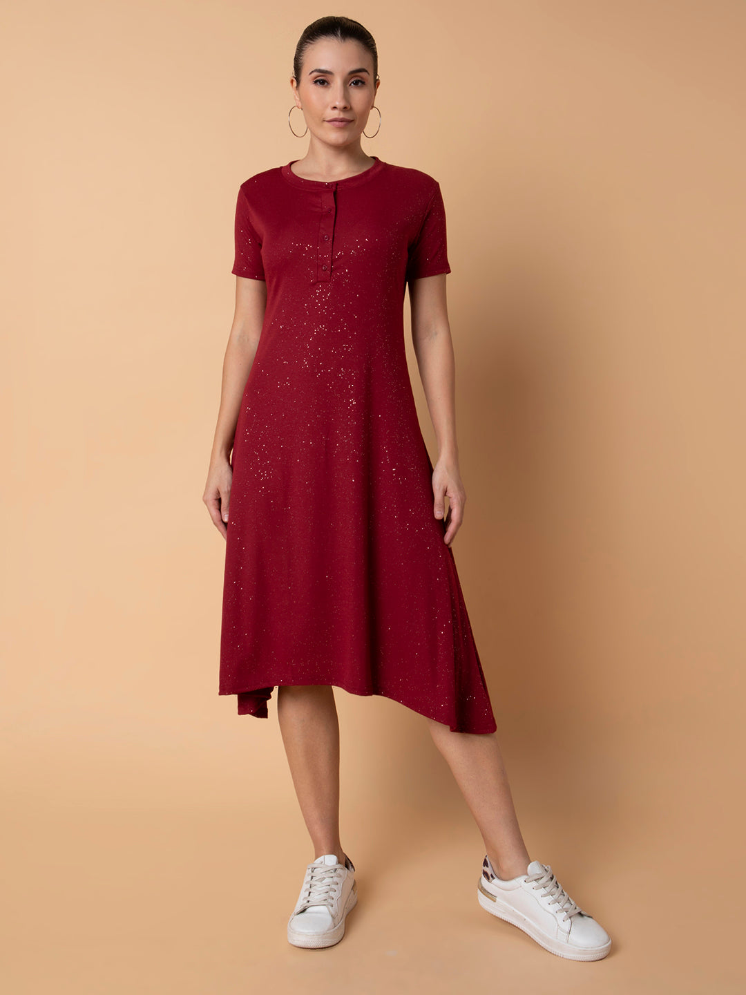 Women Solid Maroon Midi A-Line Dress