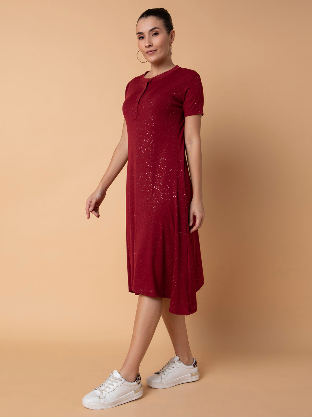 Women Solid Maroon Midi A-Line Dress