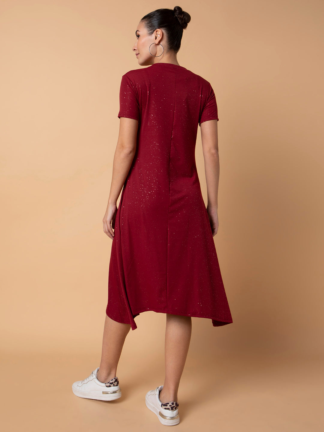 Women Solid Maroon Midi A-Line Dress