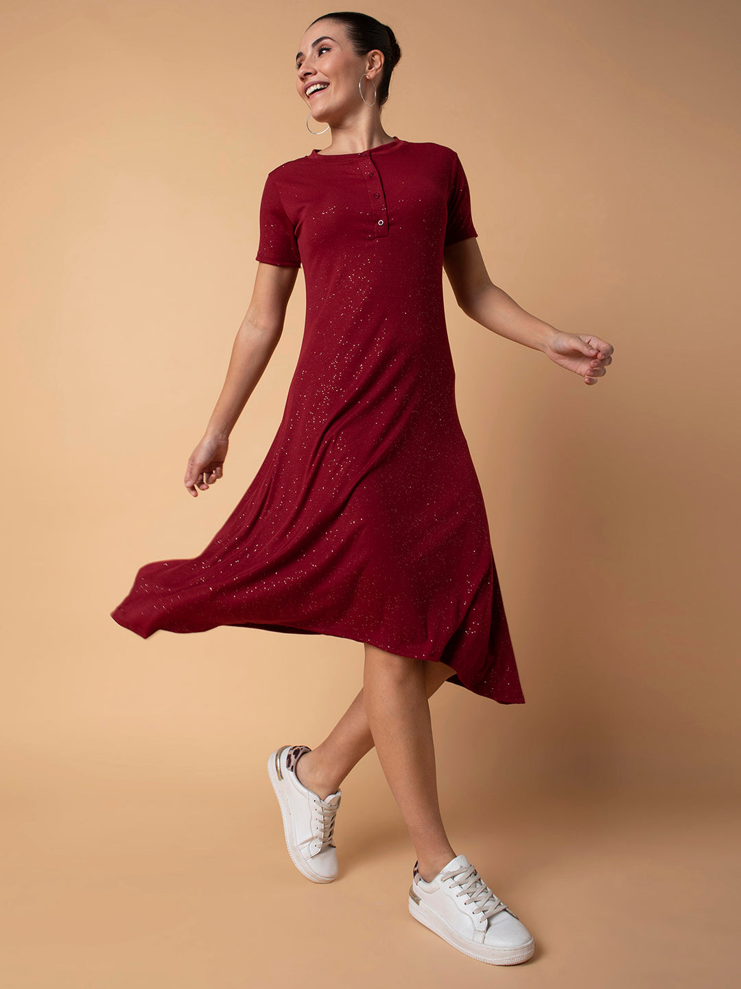 Women Solid Maroon Midi A-Line Dress