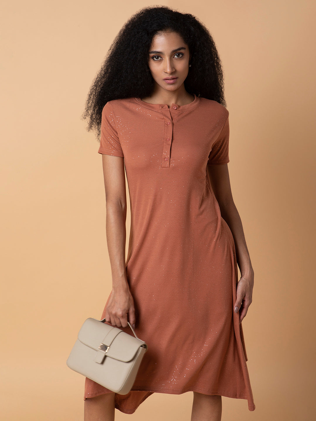 Women Solid Rust Midi A-Line Dress