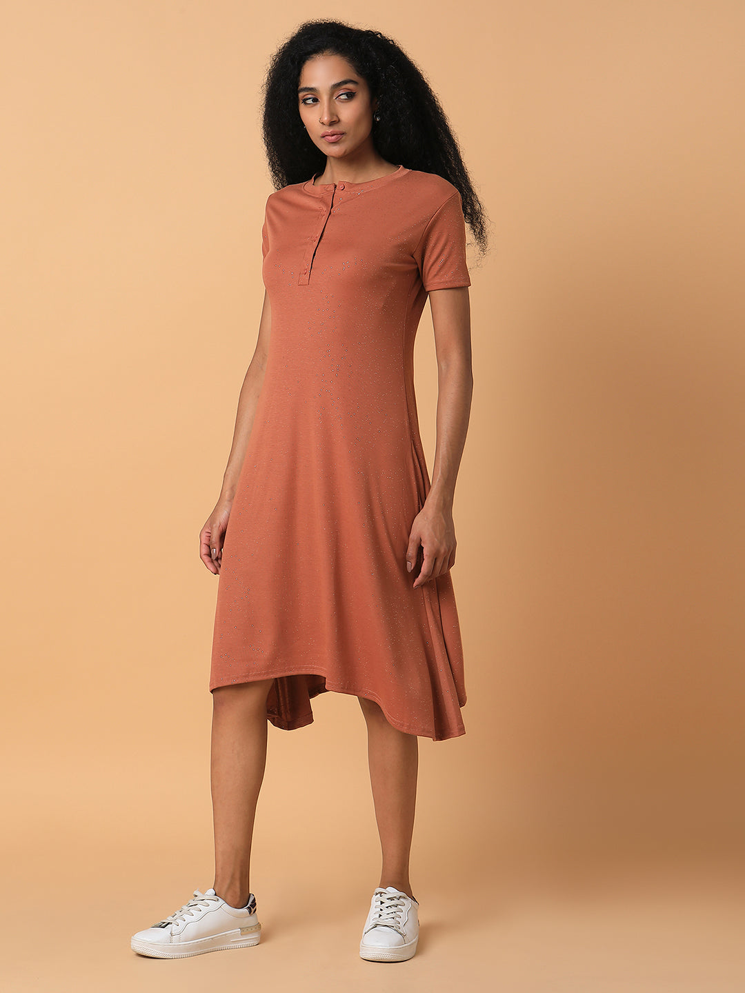 Women Solid Rust Midi A-Line Dress